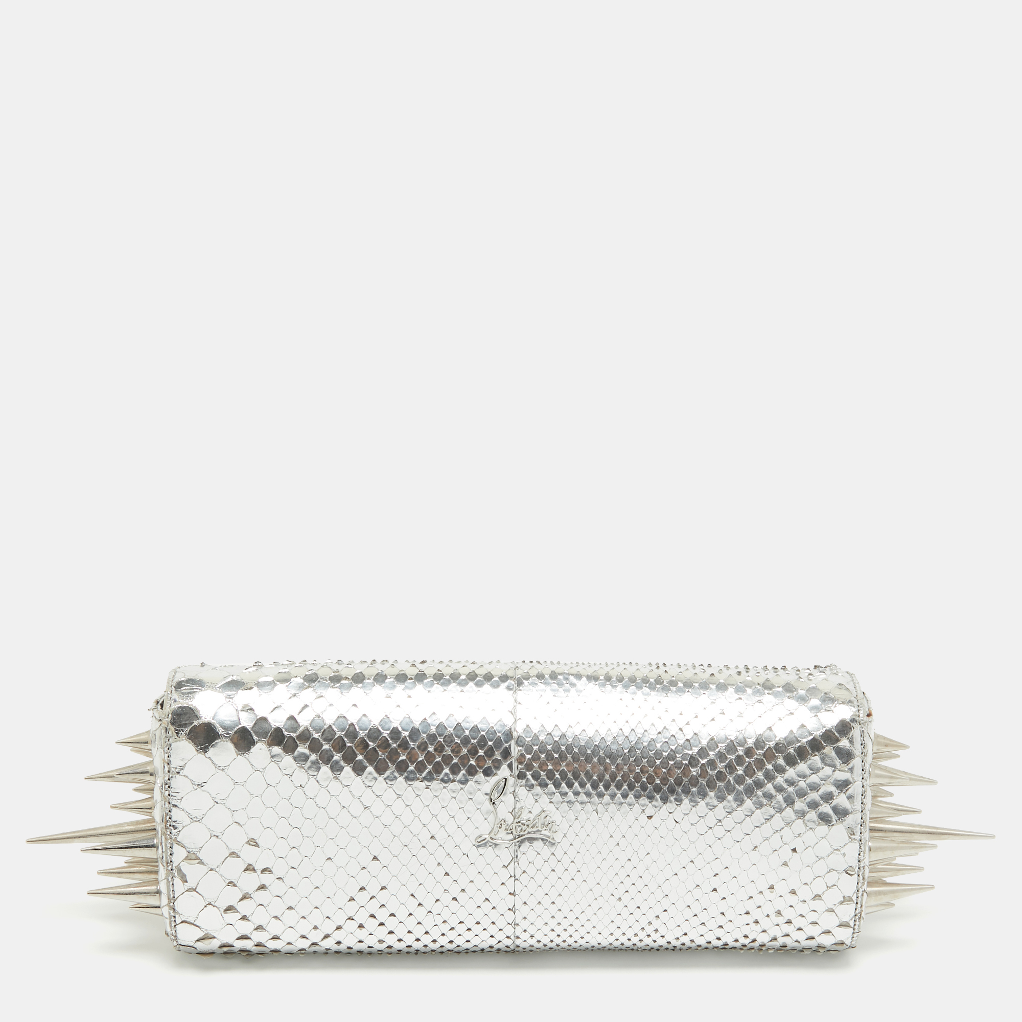 Pre-owned Christian Louboutin Silver Python Marquise Spiked Clutch