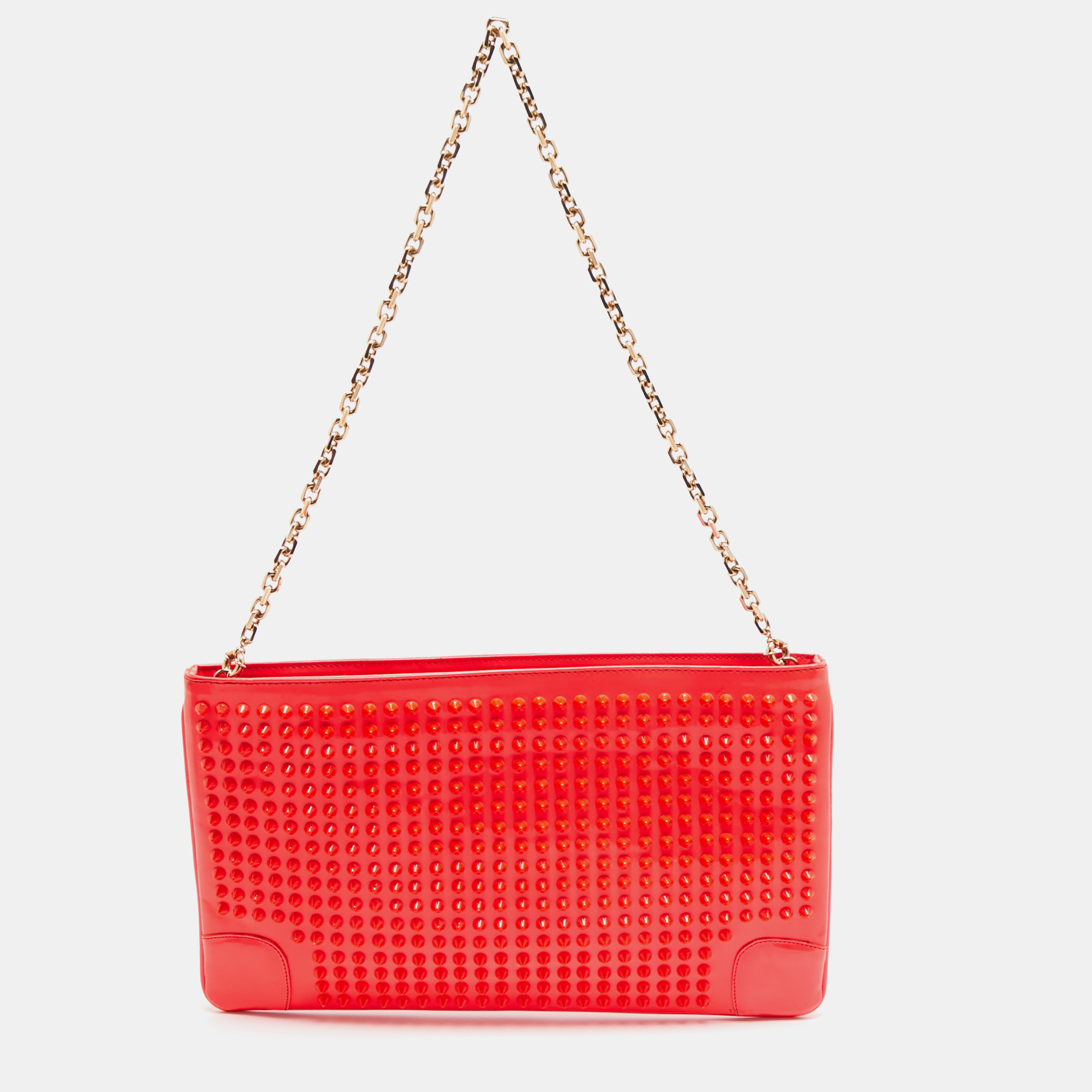 Pre-owned Christian Louboutin Neon Coral Orange Patent Leather Loubiposh Spike Chain Clutch
