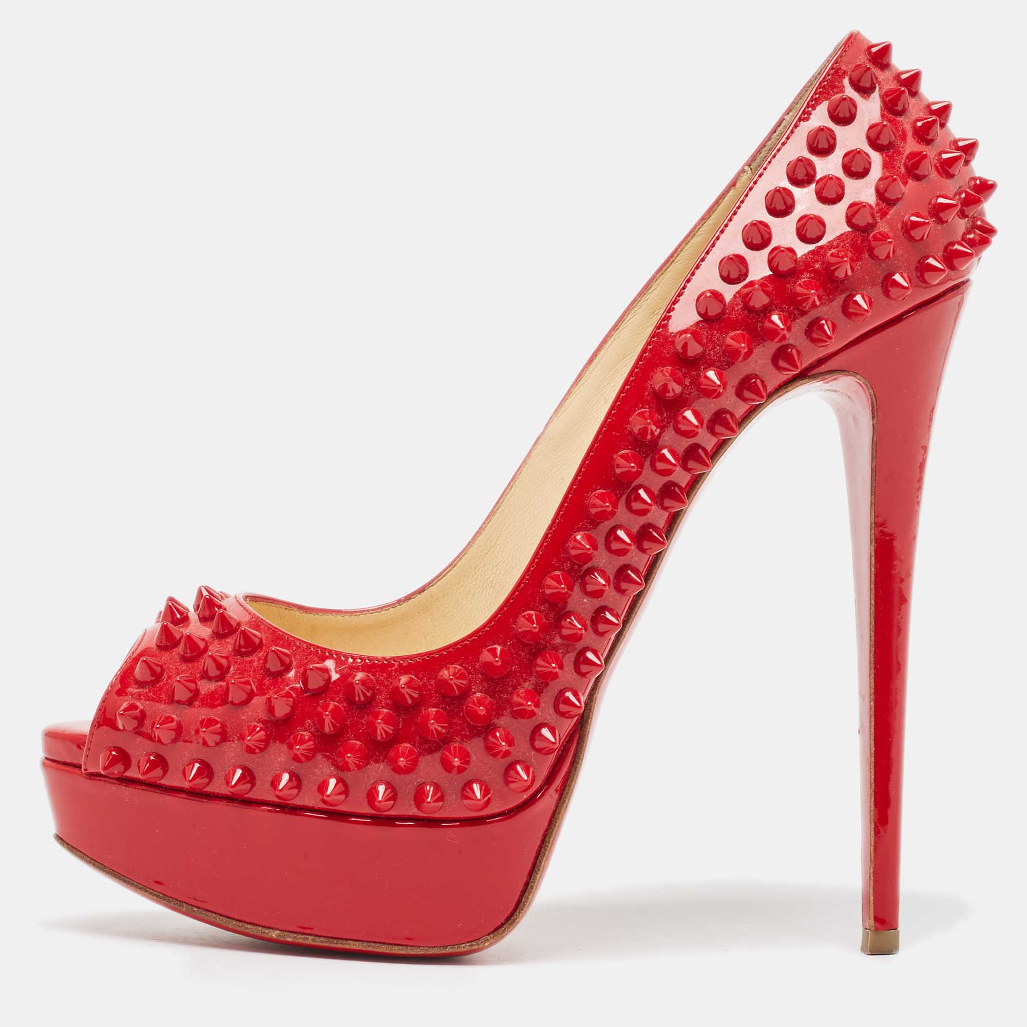

Christian Louboutin Red Patent Leather Lady Peep Spikes Pumps Size
