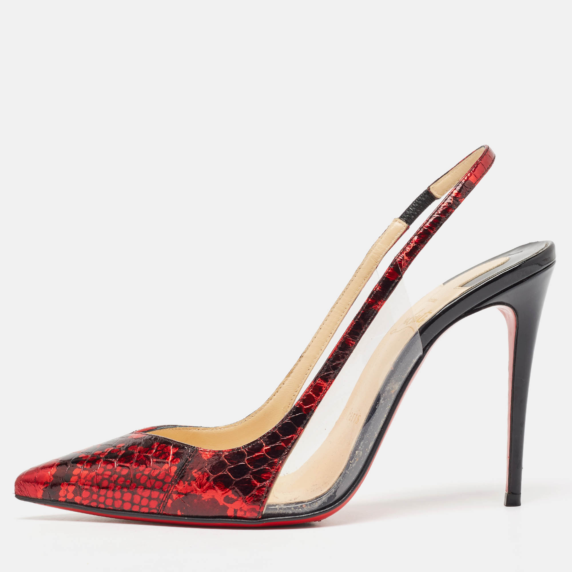 Pre-owned Christian Louboutin Red/black Embossed Python Optichoc Slingback Pumps Size 36.5