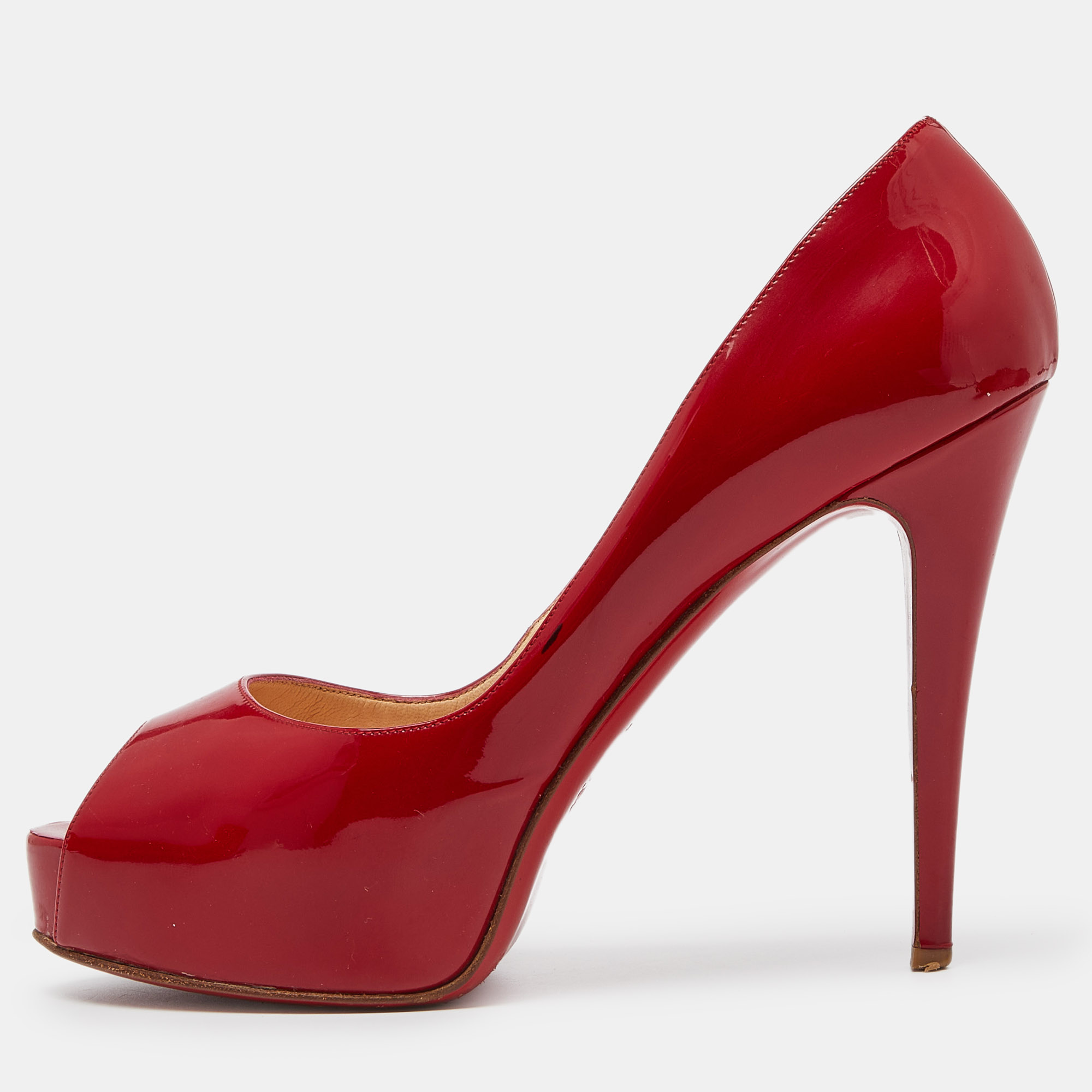 

Christian Louboutin Red Patent Leather Lady Page Platform Peep Toe Pumps Size