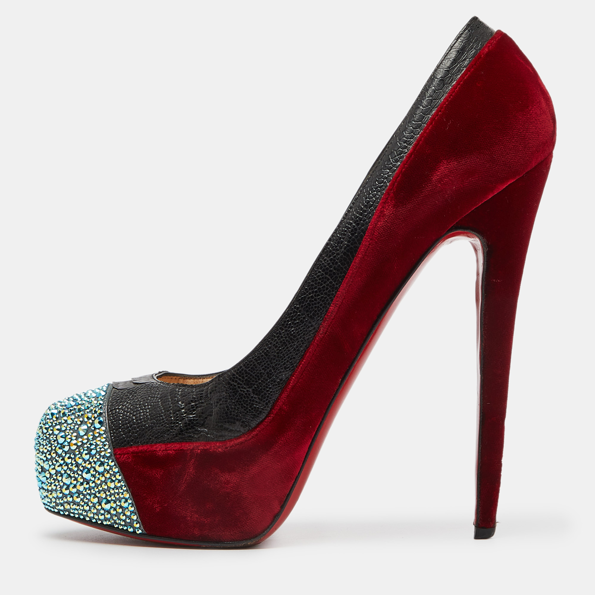 

Christian Louboutin Red/Black Velvet and Ostrich Leg Strass Calypso Pumps Size