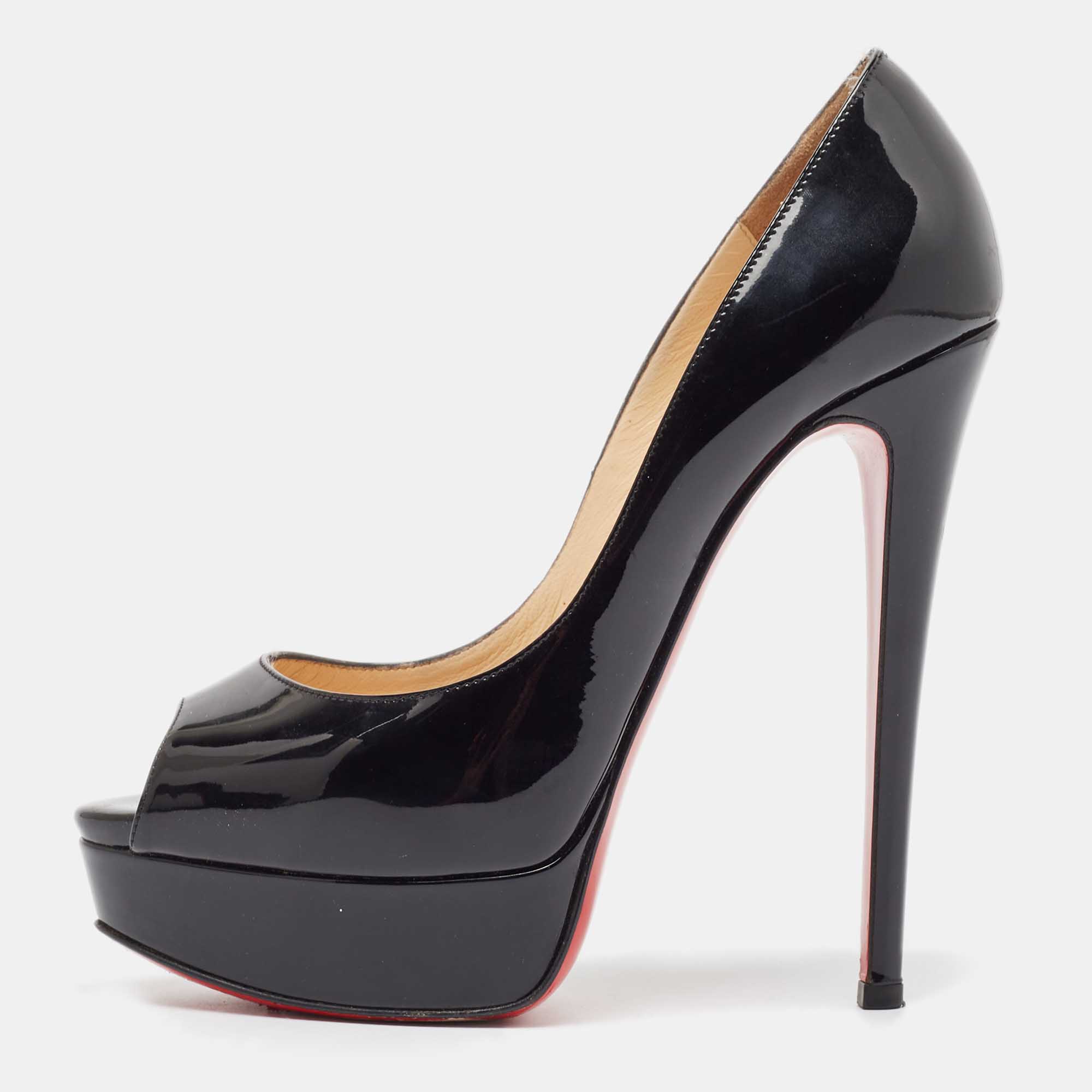 Pre-owned Christian Louboutin Black Patent Leather Lady Peep Pumps Size 37.5