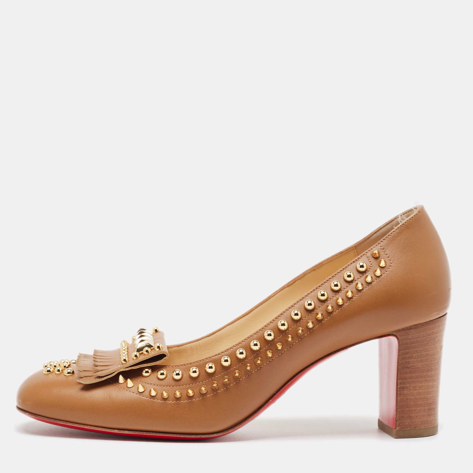 

Christian Louboutin Brown Leather Studded Fringed Pumps Size
