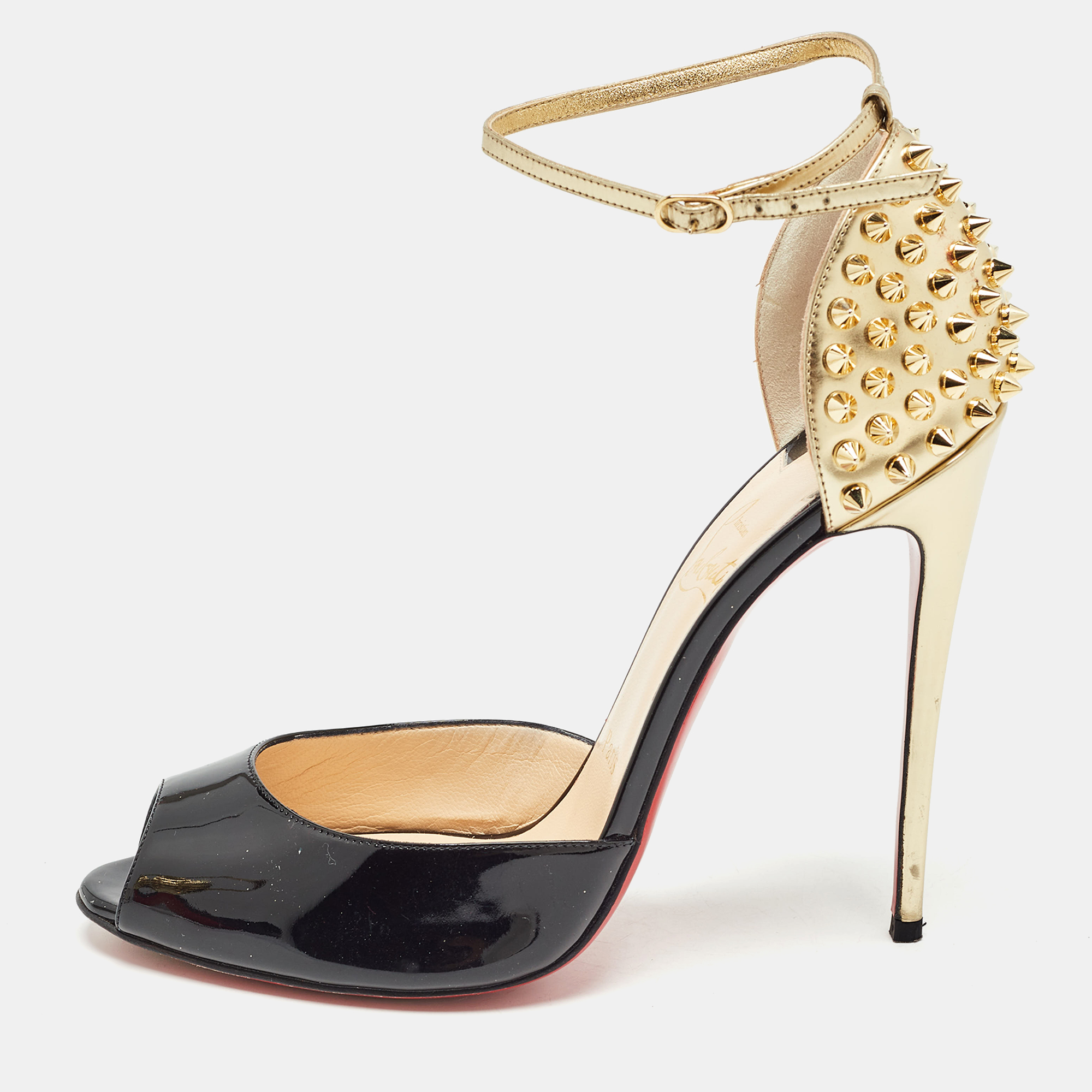 

Christian Louboutin Black/Gold Patent Leather Pina Spike Sandals Size
