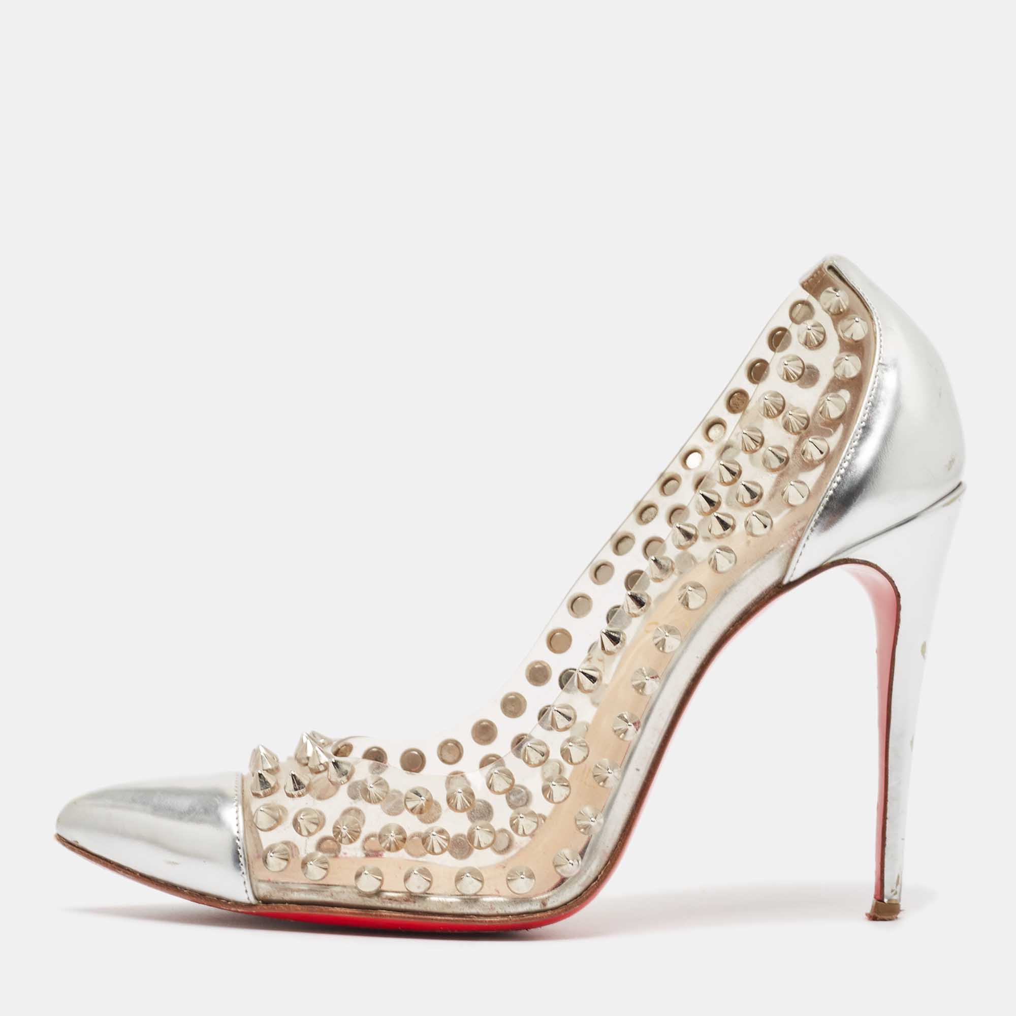 

Christian Louboutin Silver Leather and PVC Spike Me Pumps Size
