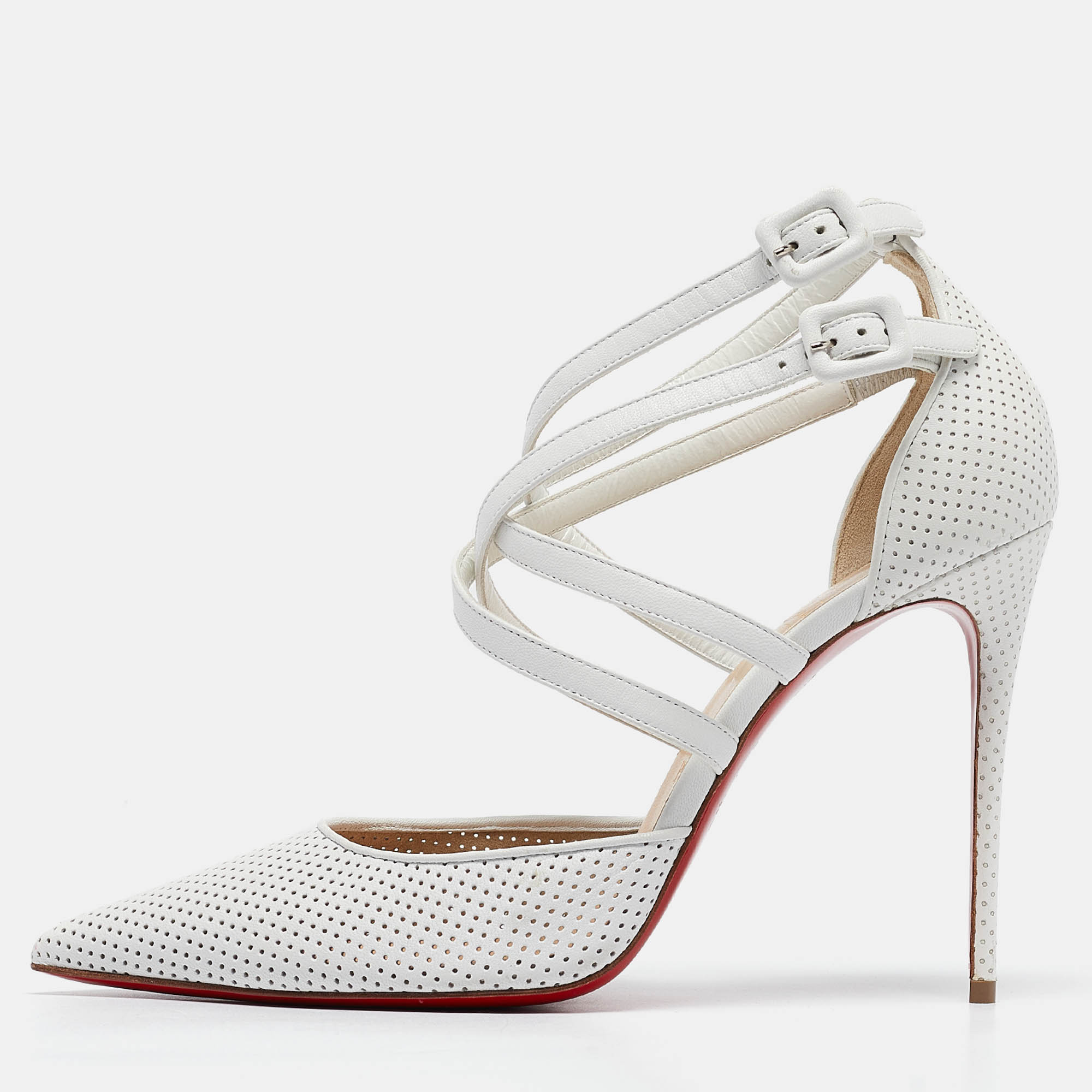 

Christian Louboutin White Perforated Leather Victororilla Ankle Wrap Pumps Size