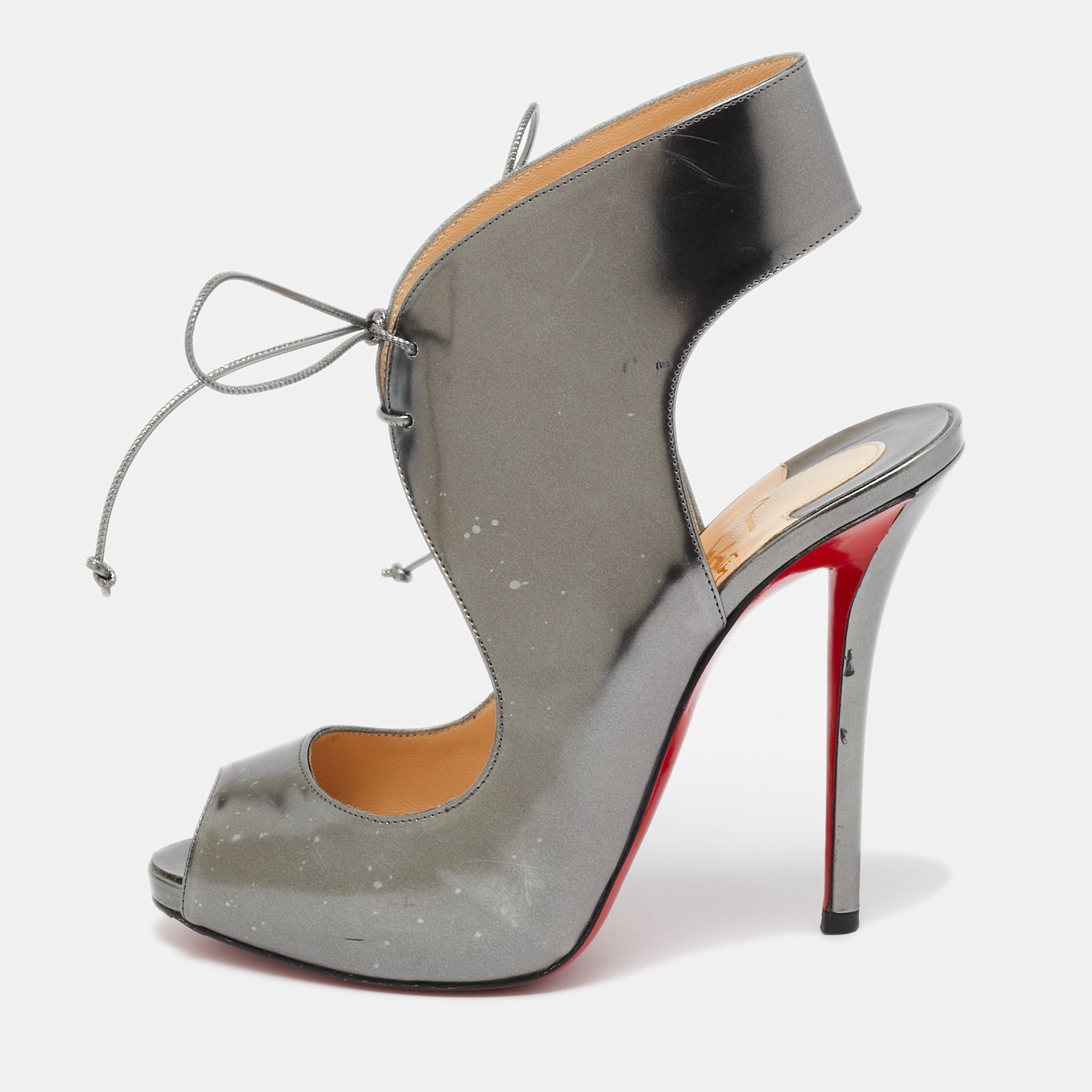 

Christian Louboutin Silver Leather Allegra Peep-Toe Sandals Size