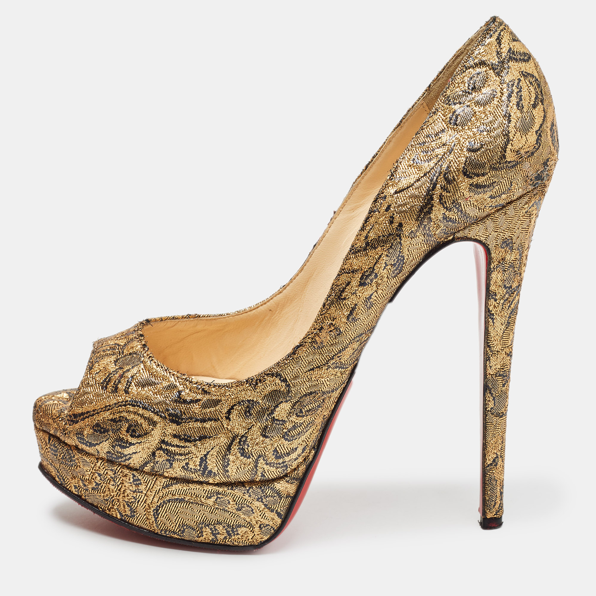 Pre-owned Christian Louboutin Gold Brocade Fabric Lady Peep Pumps Size 38.5