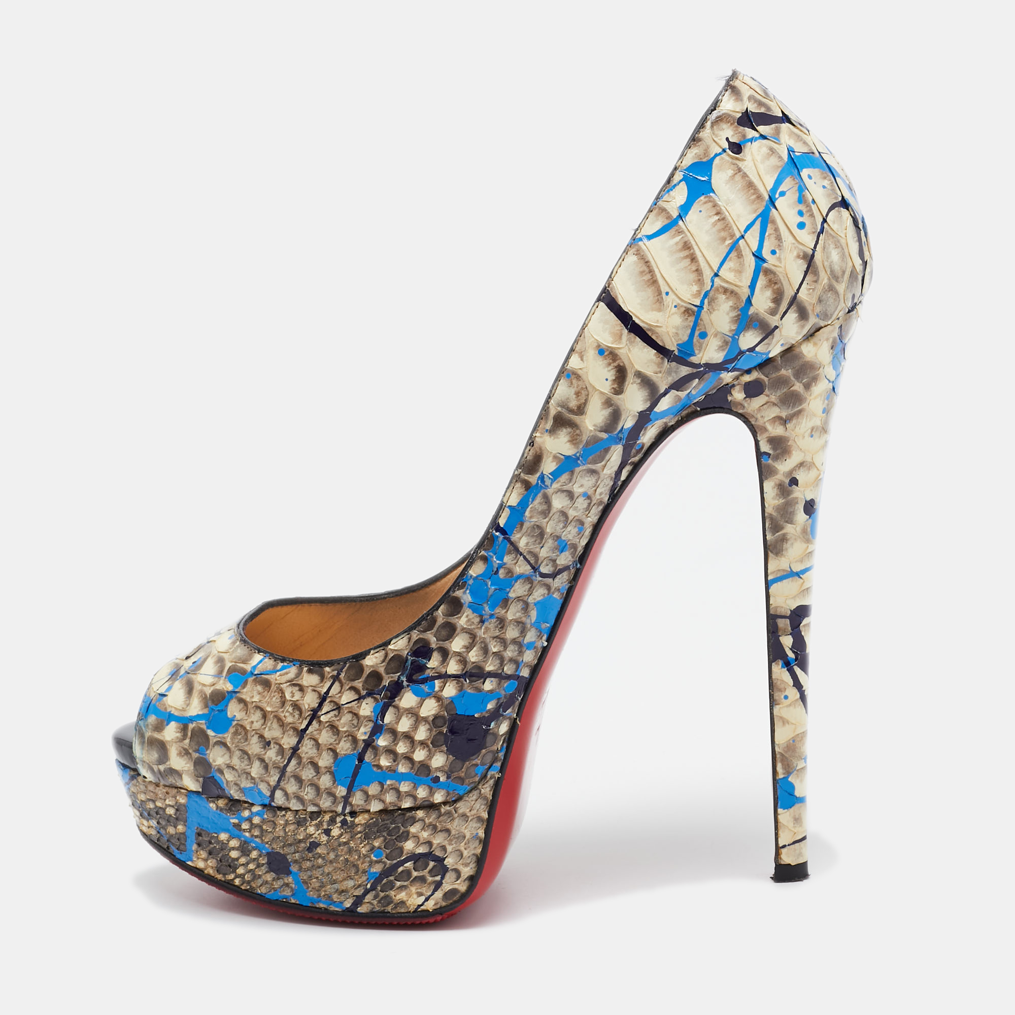 

Christian Louboutin Brown/Beige Python Paint Splatter Lady Peep Pumps Size