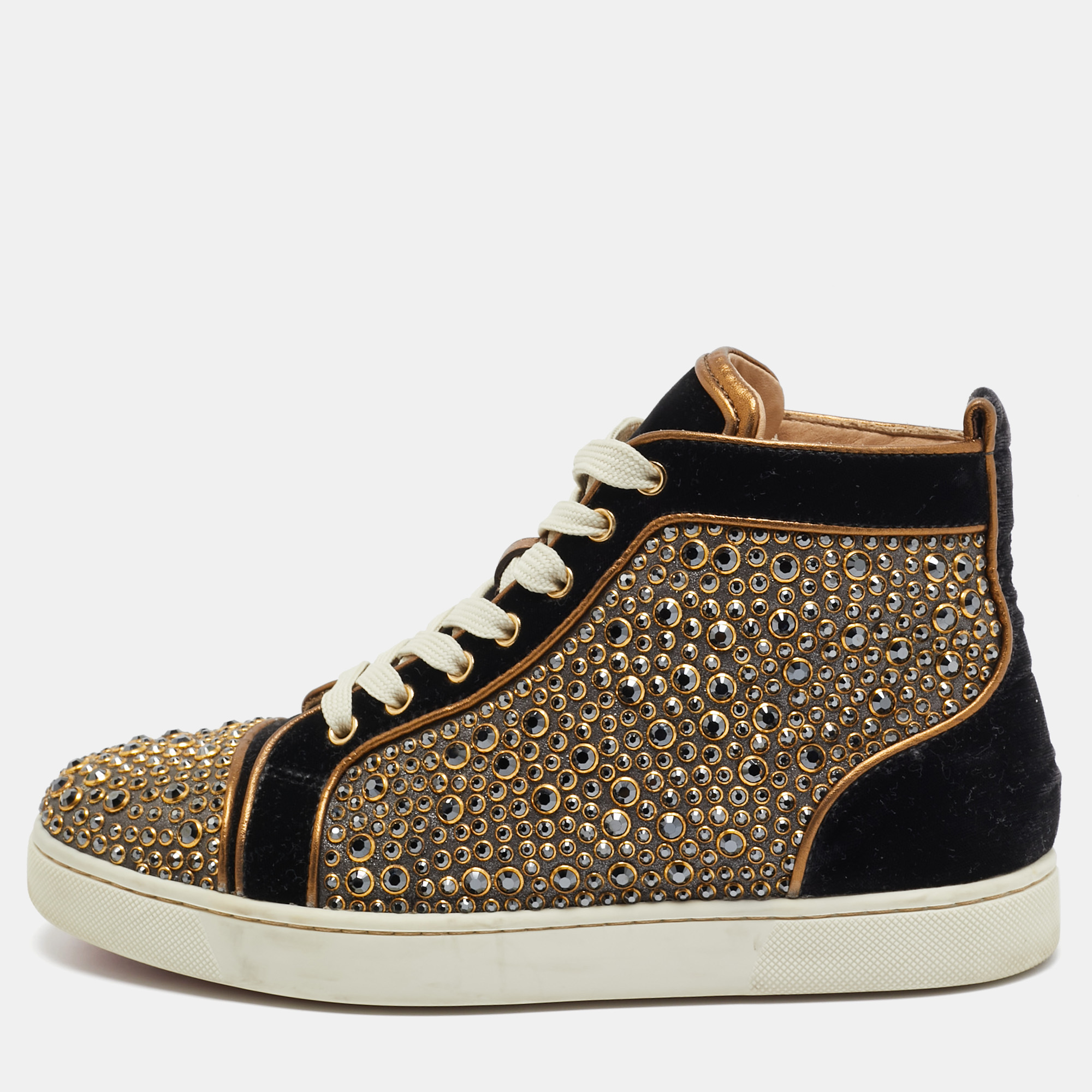 

Christian Louboutin Black/Gold Velvet Studded Louis Sneakers Size