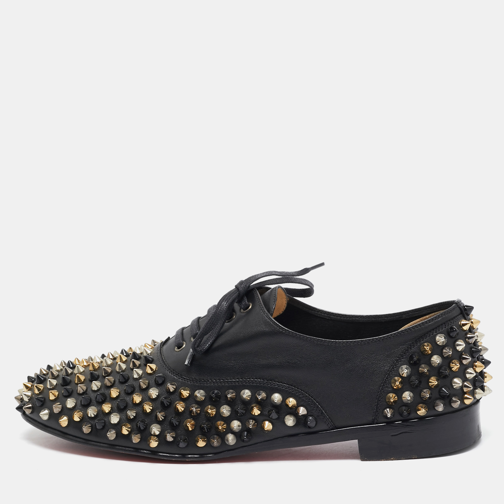 Pre-owned Christian Louboutin Black Leather Freddy Spike Oxfords Size 40.5