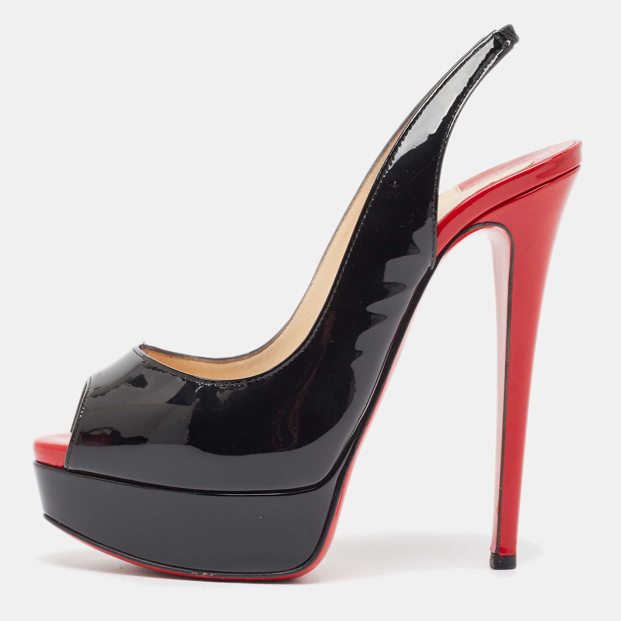 

Christian Louboutin Black Patent Leather Lady Peep Sling Pumps Size