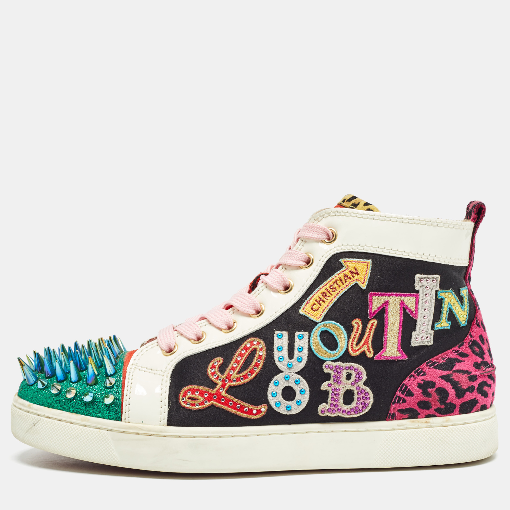 Pre-owned Christian Louboutin Multicolor Suede And Patent Lou Spikes High Top Sneakers Size 40