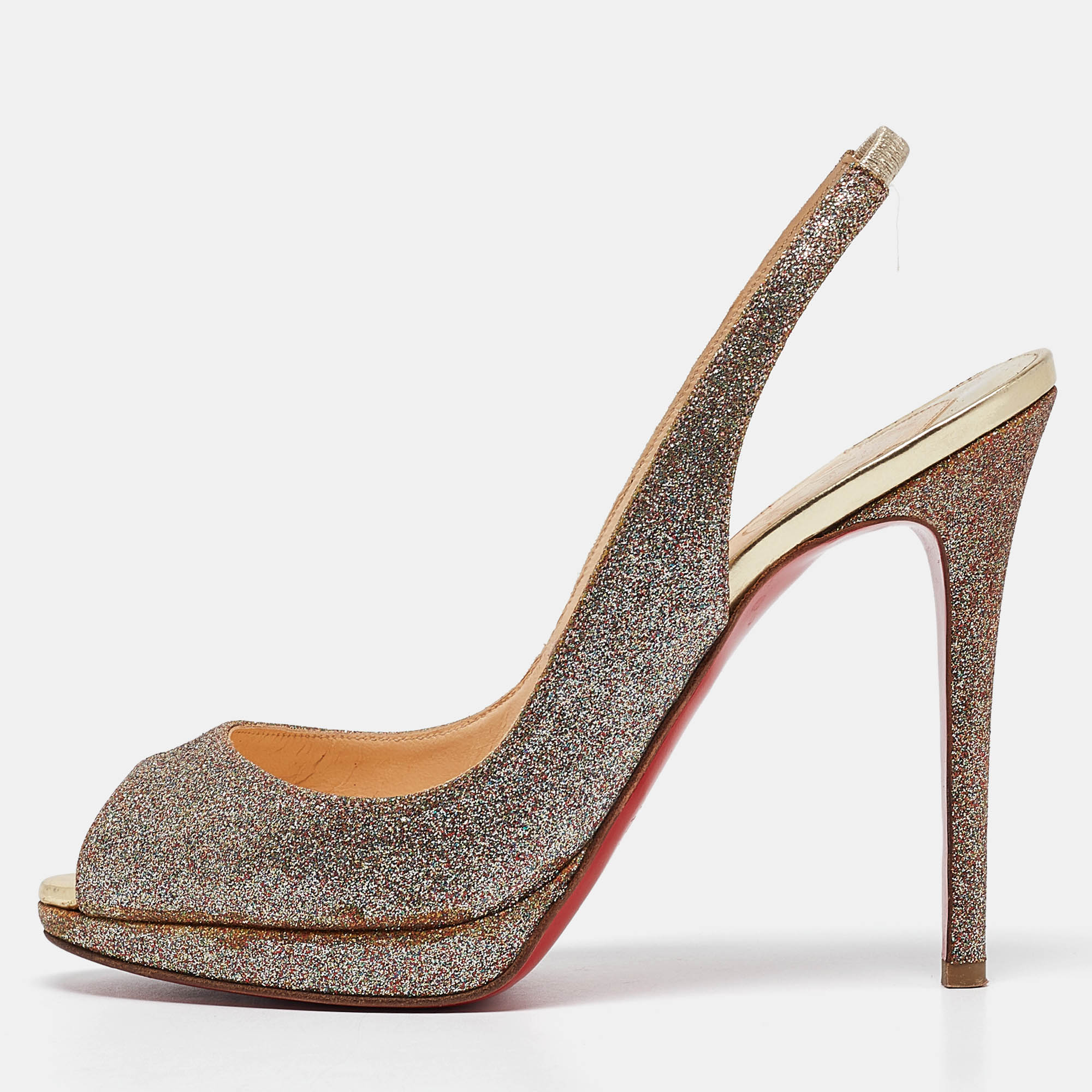 Pre-owned Christian Louboutin Metallic Glitter Platform Slingback Sandals Size 37