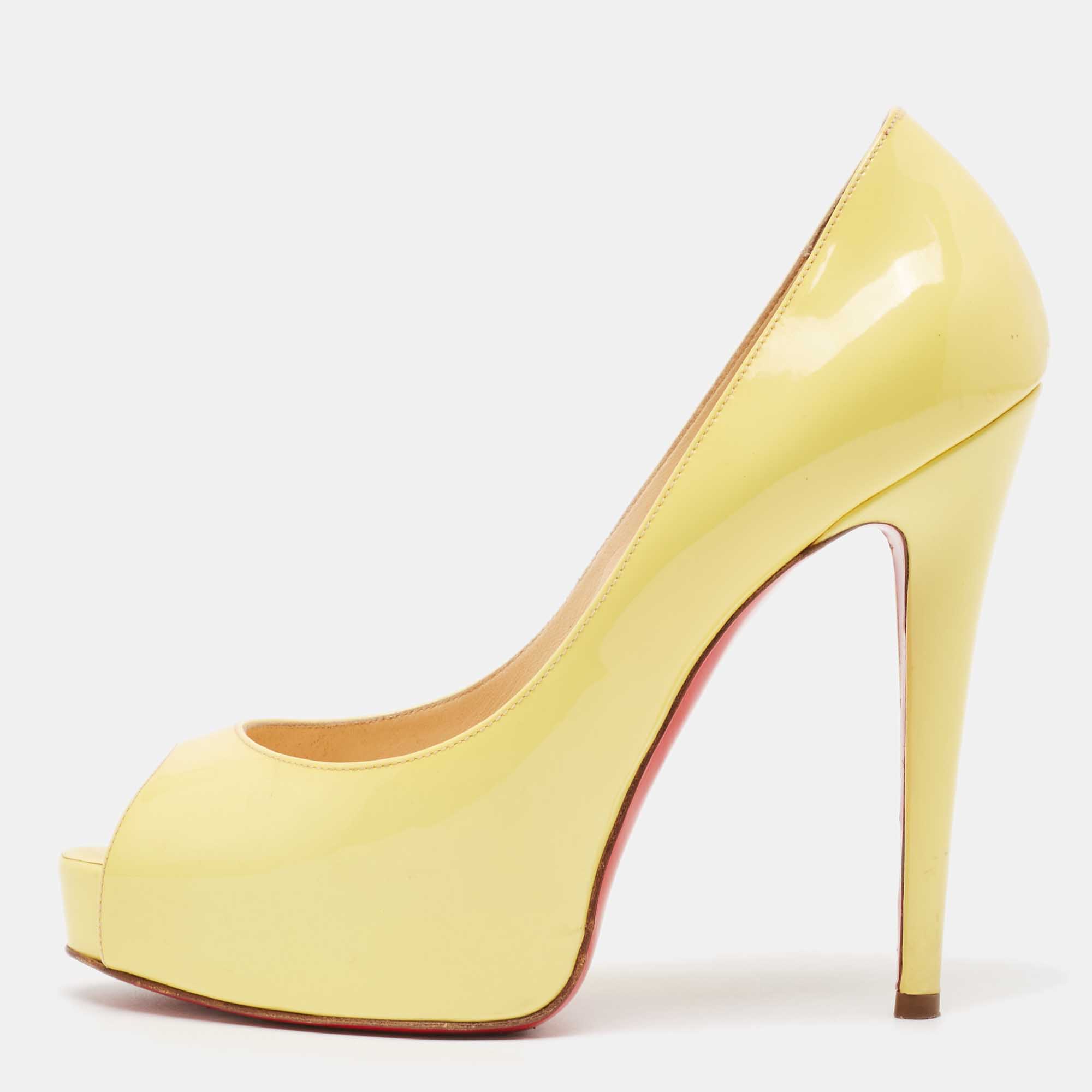 Pre-owned Christian Louboutin Yellow Patent Leather Very Prive Pumps Size 37.5