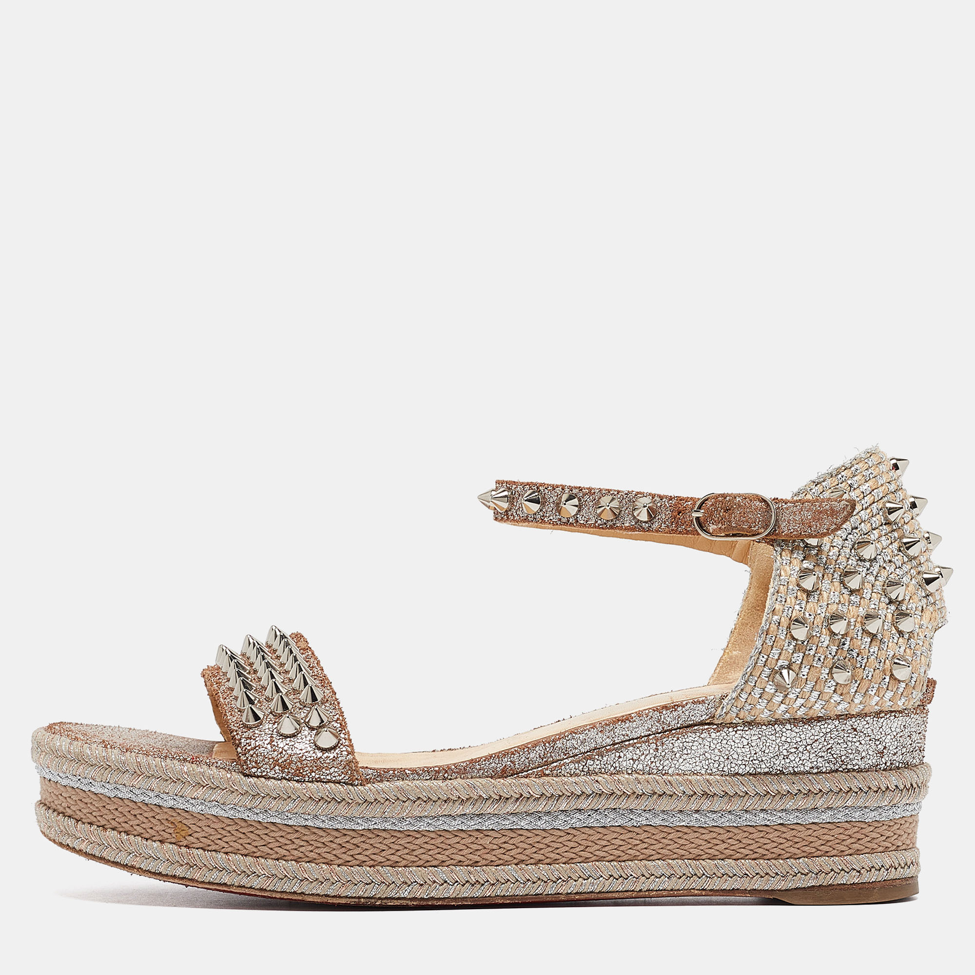 

Christian Louboutin Beige Texture Suede and Raffia Pyraclou Wedge Sandals Size, Gold