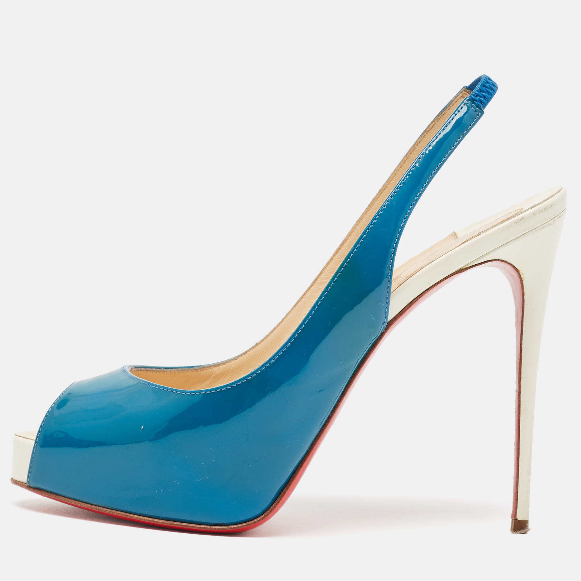 Pre-owned Christian Louboutin Blue/white Patent Private Number Pumps Size 37