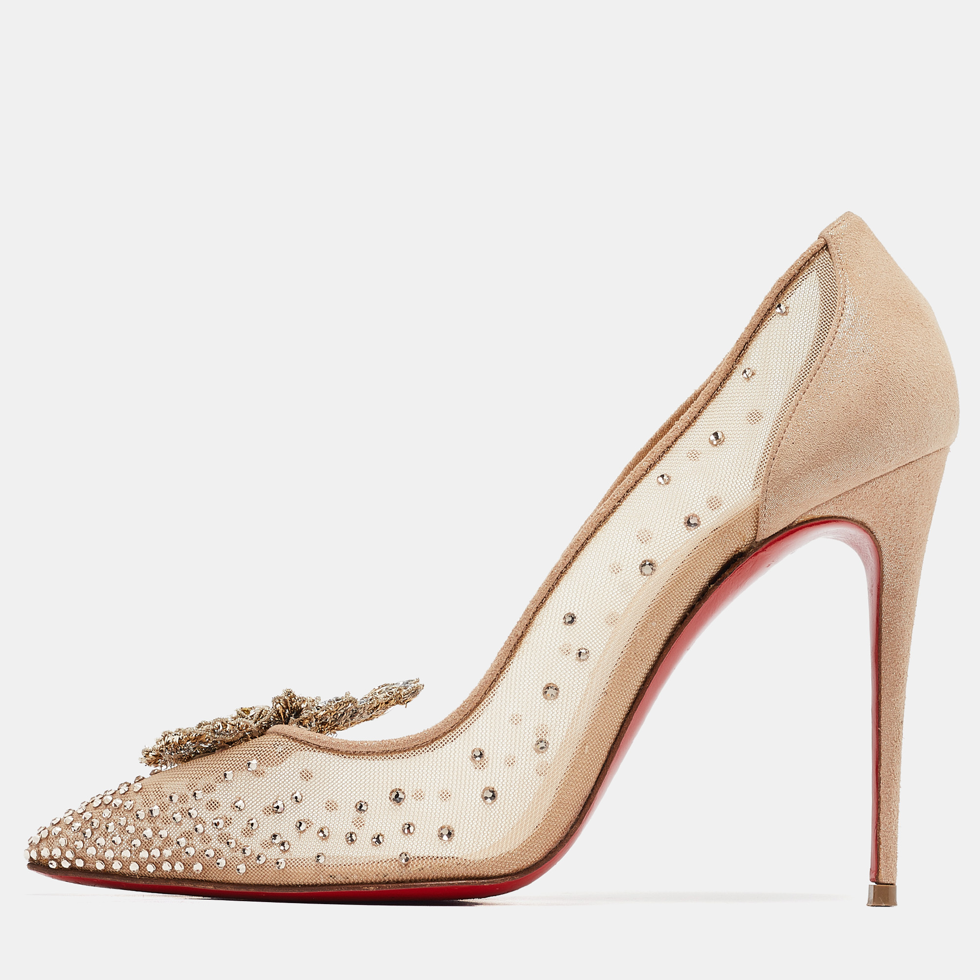 

Christian Louboutin Beige Lace and Suede Feerica 100 Crystal Embellishments Pumps Size