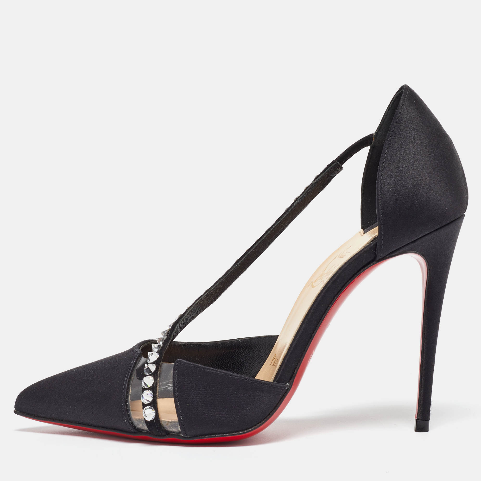 Pre-owned Christian Louboutin Black Satin And Pvc Krystal Cross Pumps Size 36