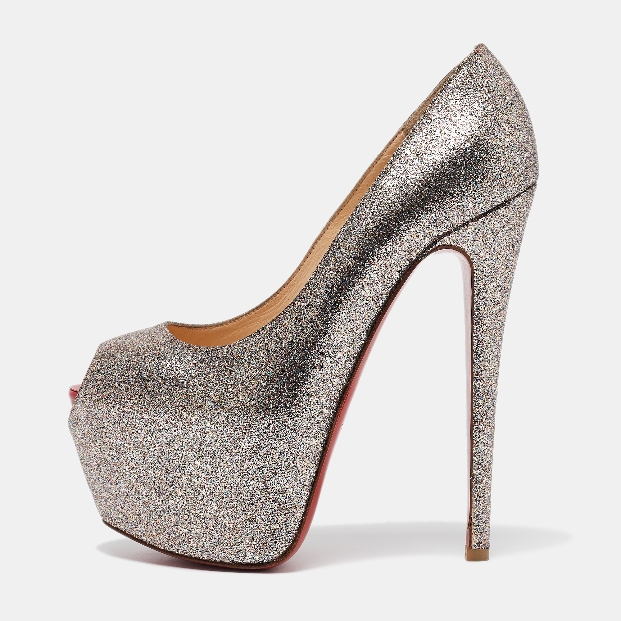 

Christian Louboutin Gold Glitter Highness Peep Toe Platform Pumps Size