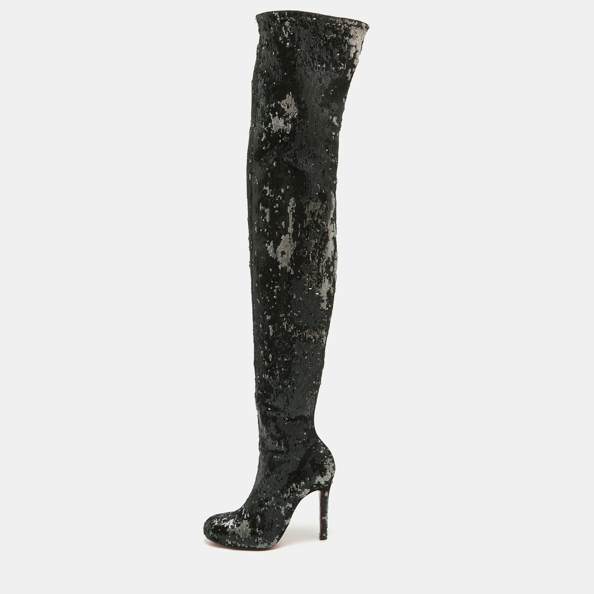 Pre-owned Christian Louboutin Black Sequins Louise 100 Thigh High Boots Size 37.5