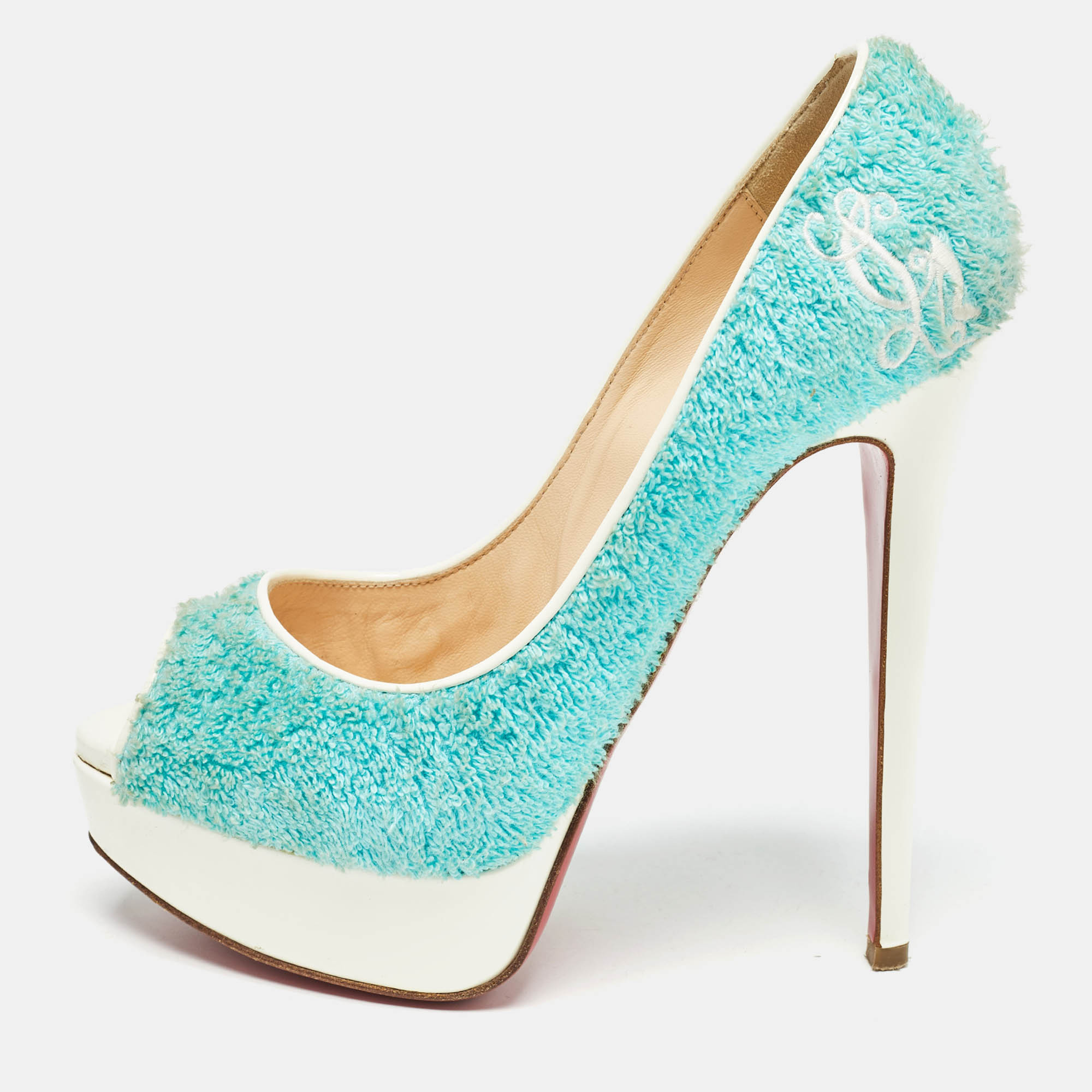 

Christian Louboutin Blue Fur and Patent Terry Cloth Lady Peep Pumps Size