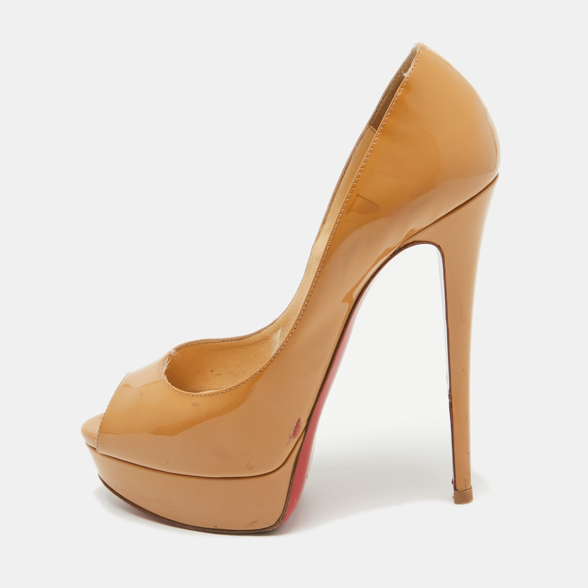 

Christian Louboutin Beige Patent Leather Lady Peep Pumps Size
