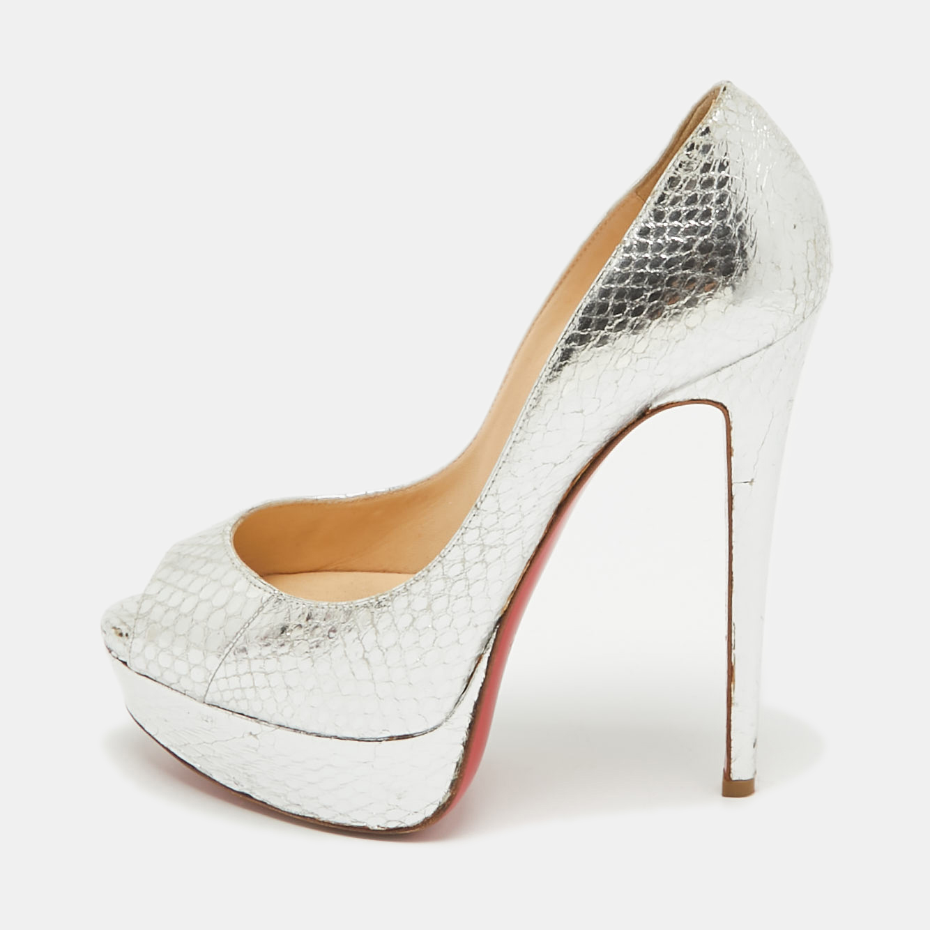 

Christian Louboutin Silver Snakeskin Embossed Leather Lady Peep Pumps Size