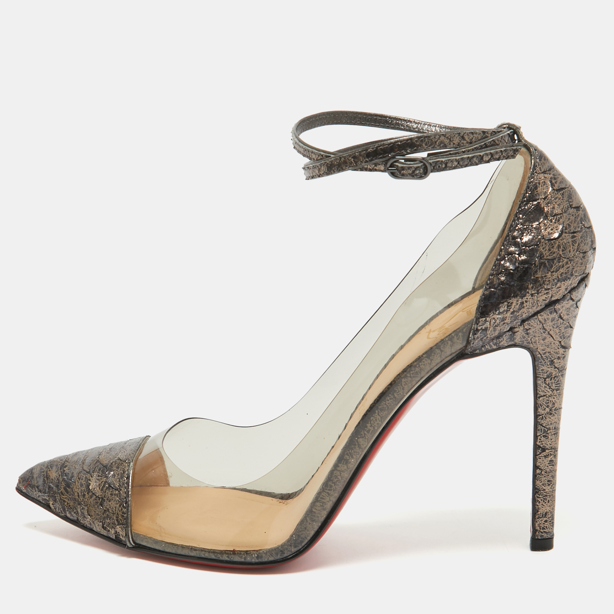 Pre-owned Christian Louboutin Grey Pvc And Python Leather Un Bout Rond Ankle Wrap Pumps Size 40.5