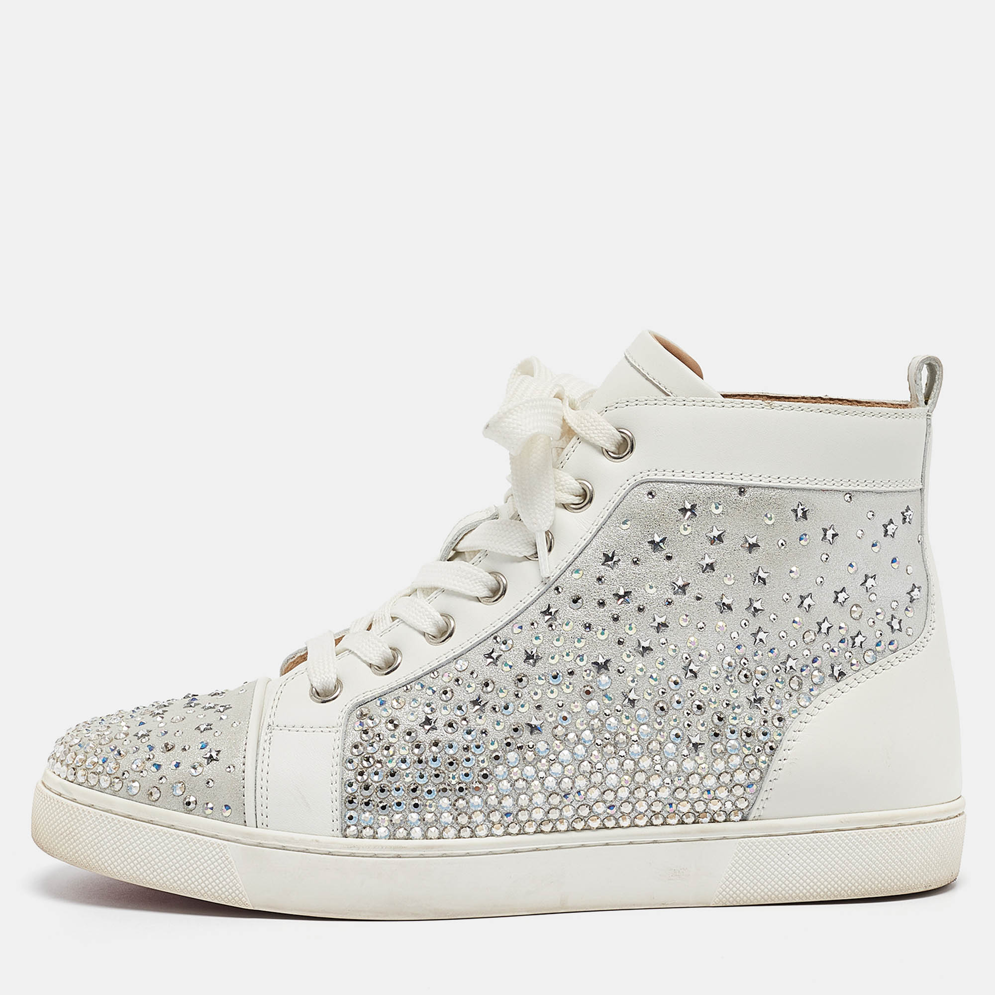 Pre-owned Christian Louboutin White/grey Leather Crystal Embellished High Top Sneakers Size 38.5