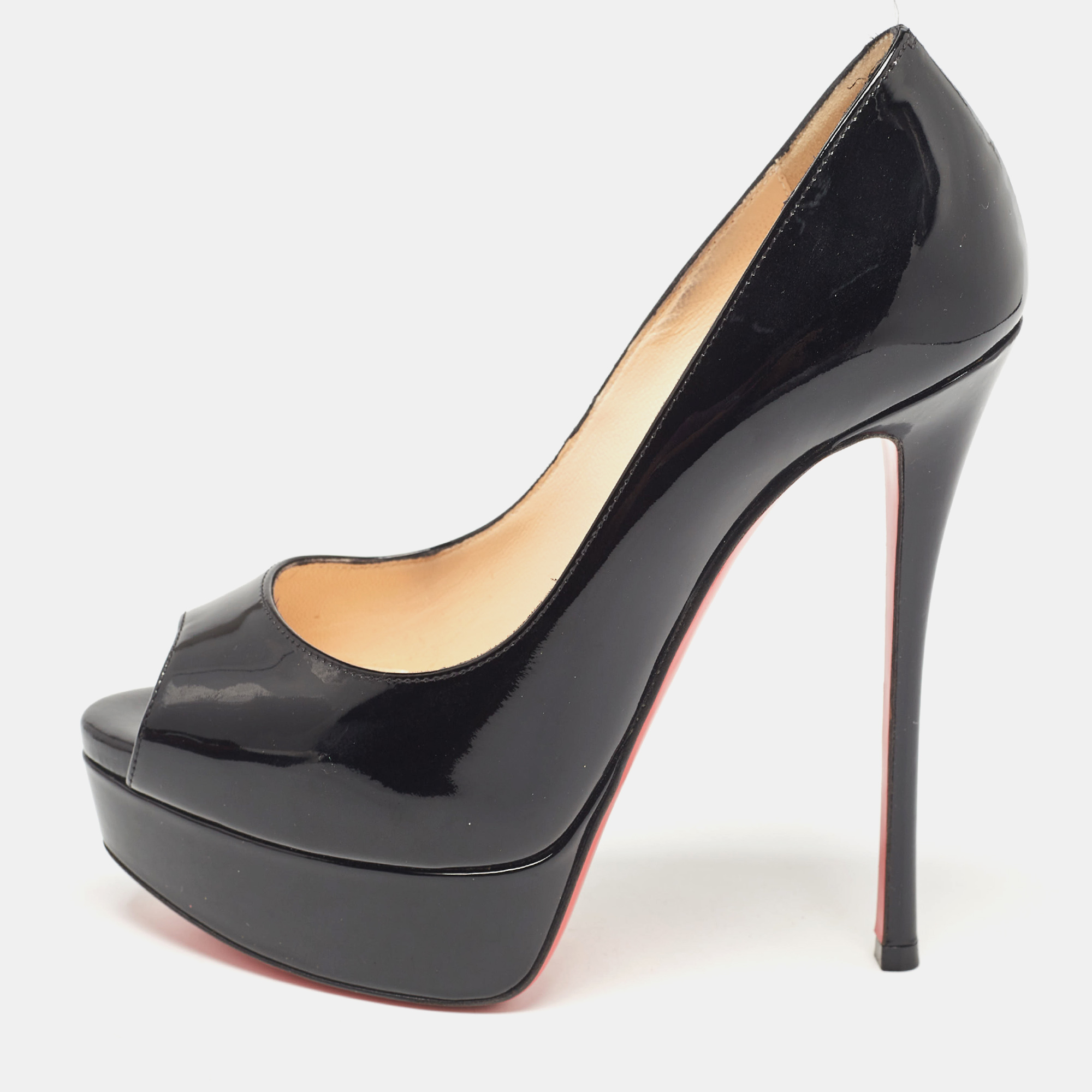 

Christian Louboutin Black Patent Lady Peep Peep Toe Pumps Size