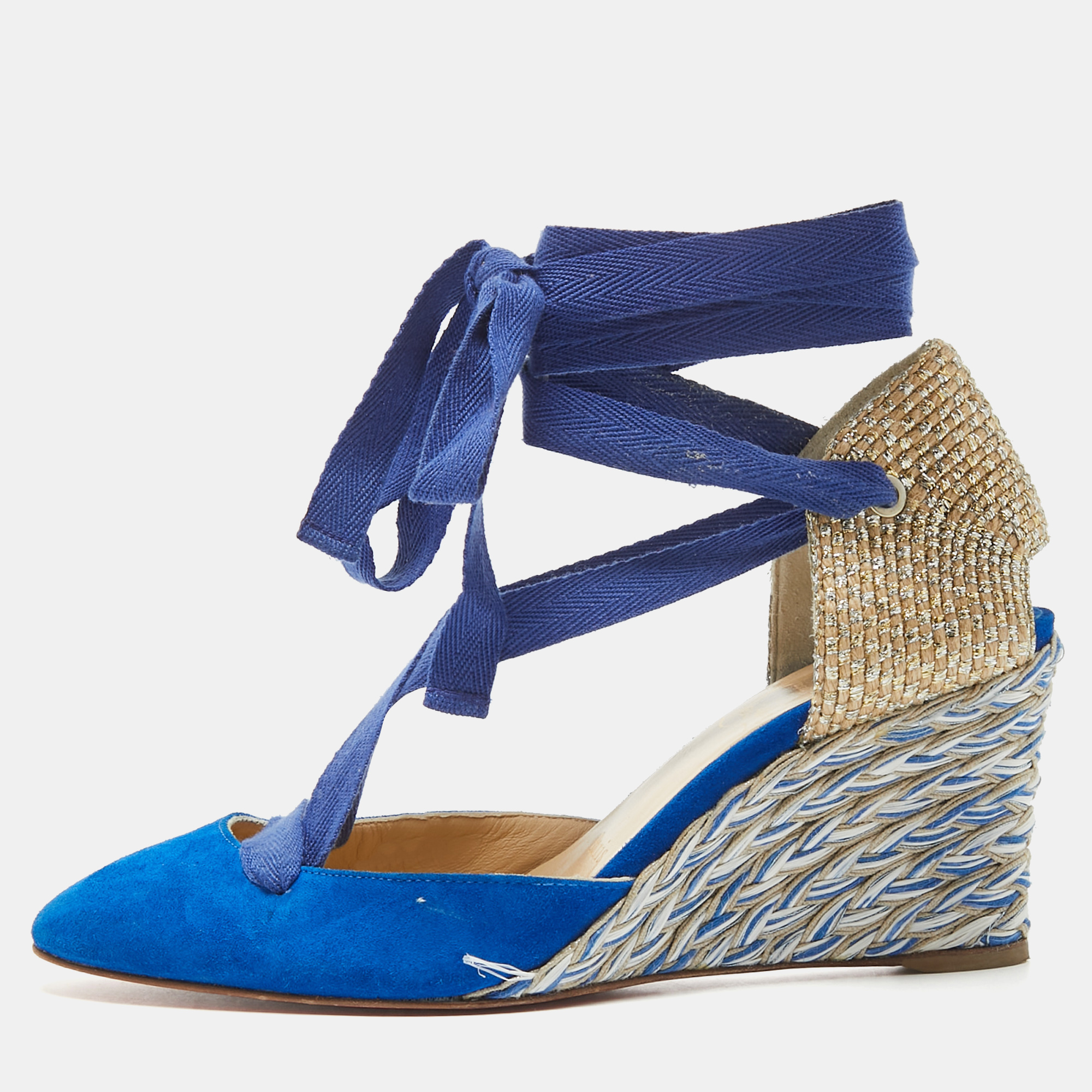 

Christian Louboutin Blue/Gold Raffia and Suede Wedge Pumps Size