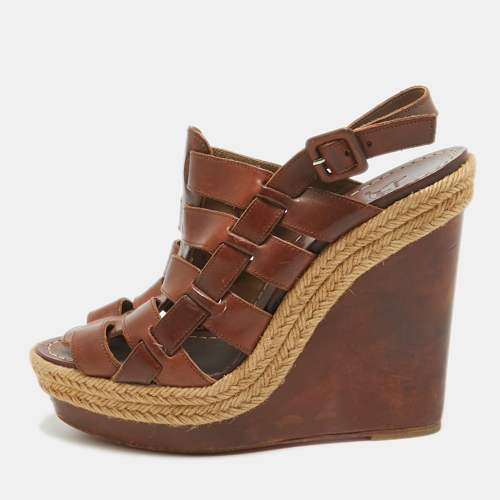 

Christian Louboutin Brown Leather Espadrille Wedge Strappy Slingback Sandals Size