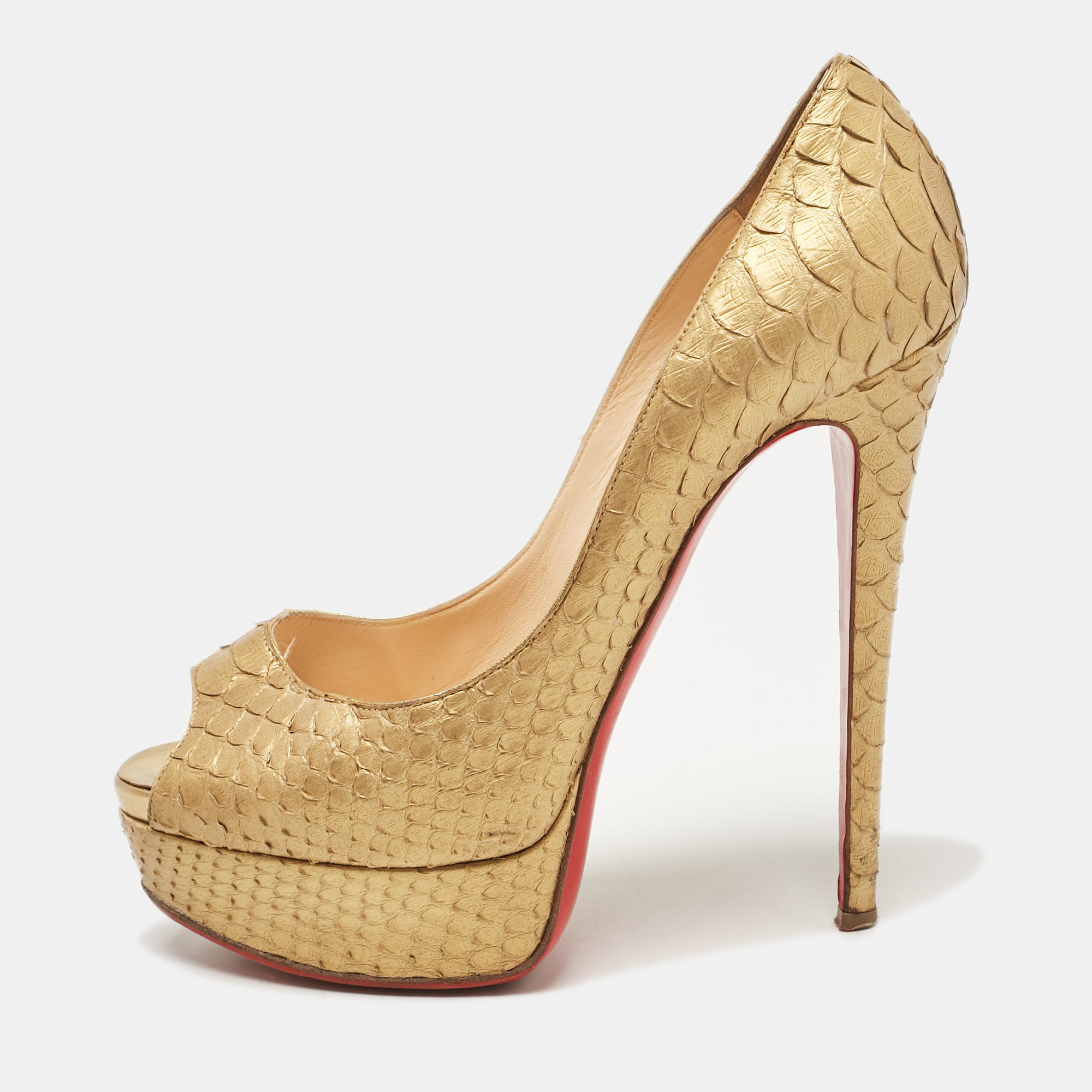 

Christian Louboutin Gold Python Lady Peep Pumps Size