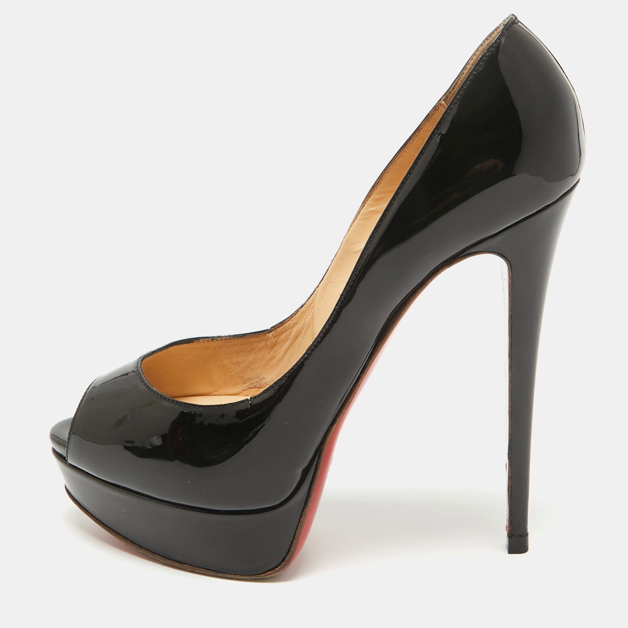 

Christian Louboutin Black Patent Lady Peep Peep Toe Pumps Size