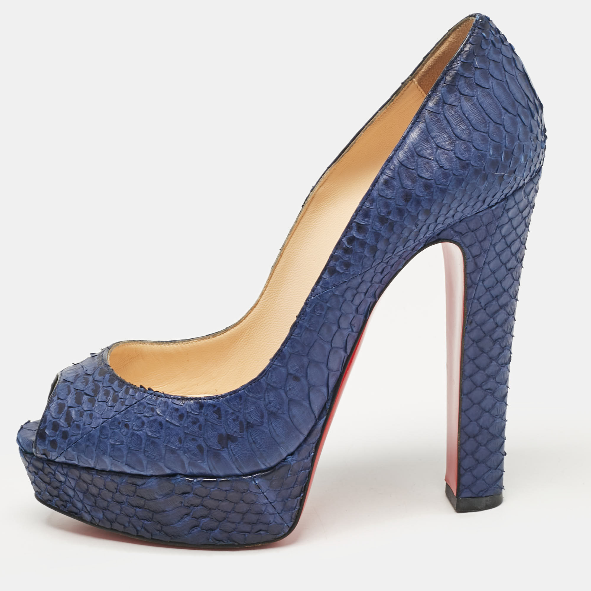 Pre-owned Christian Louboutin Blue Python Leather Lady Peep Peep Toe Pumps Size 37