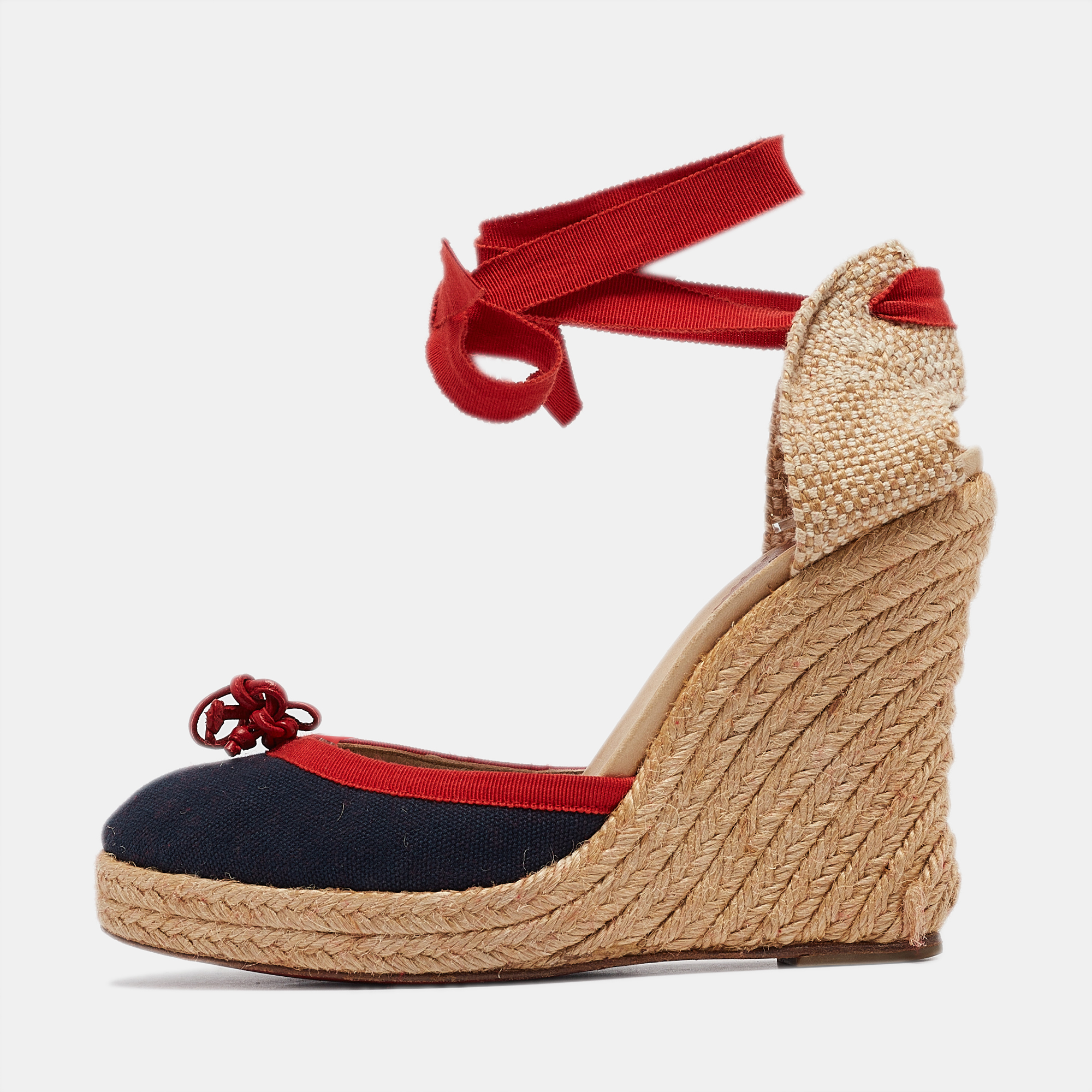 Pre-owned Christian Louboutin Tricolor Canvas Carino Plato Espadrille Wedge Pumps Size 38 In Navy Blue