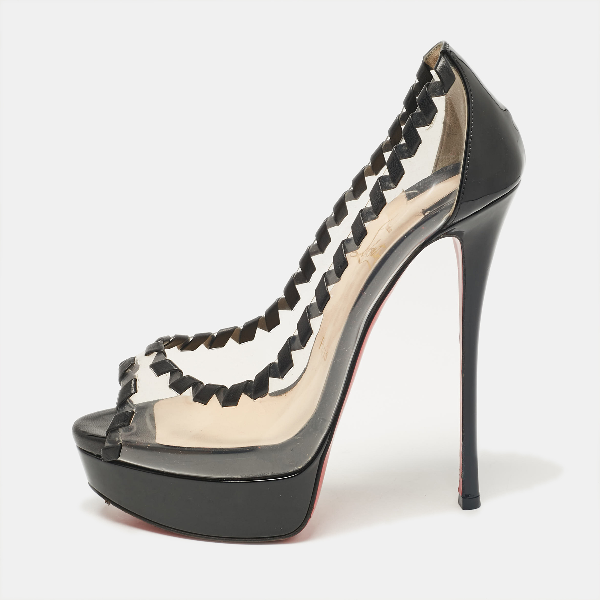 

Christian Louboutin Transparent/Black PVC and Patent Fictoire Peep Toe Pumps Size