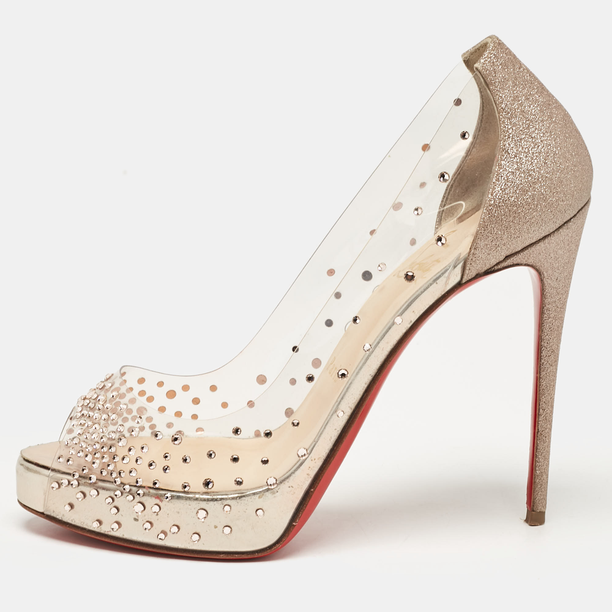 

Christian Louboutin Metallic Pink Glitter and PVC Very Strass Pumps Size