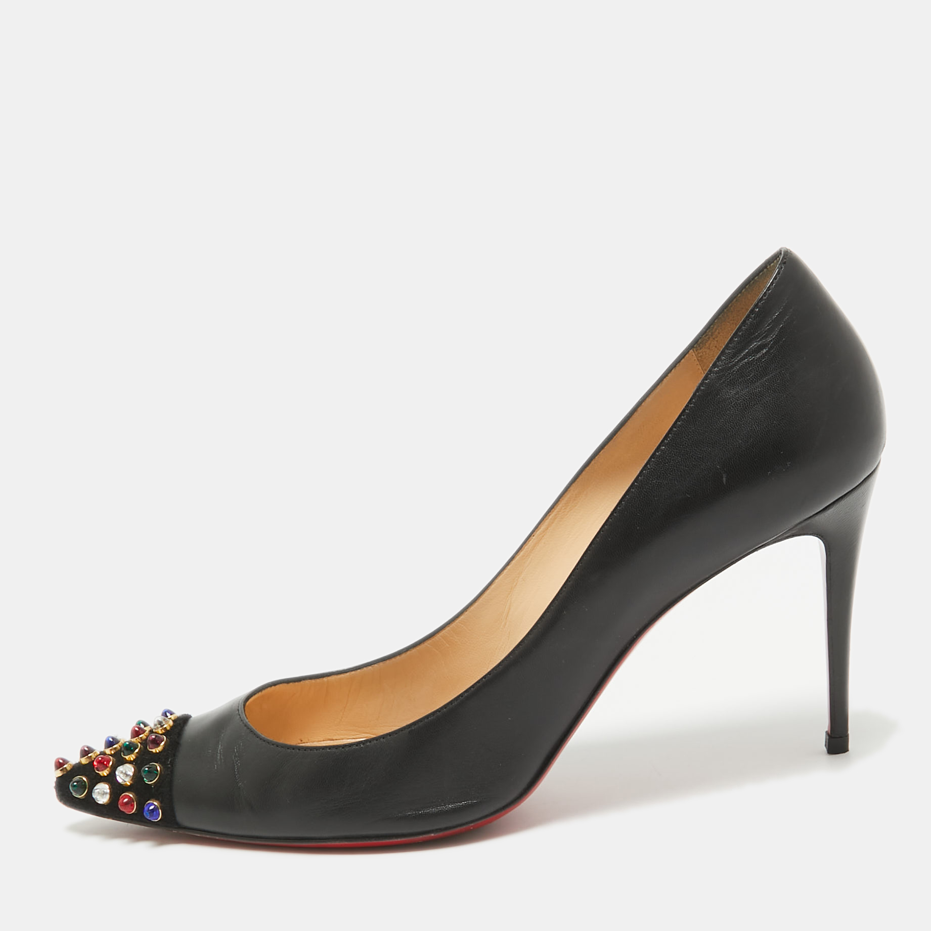 

Christian Louboutin Black Leather Studded Cabo Pumps Size