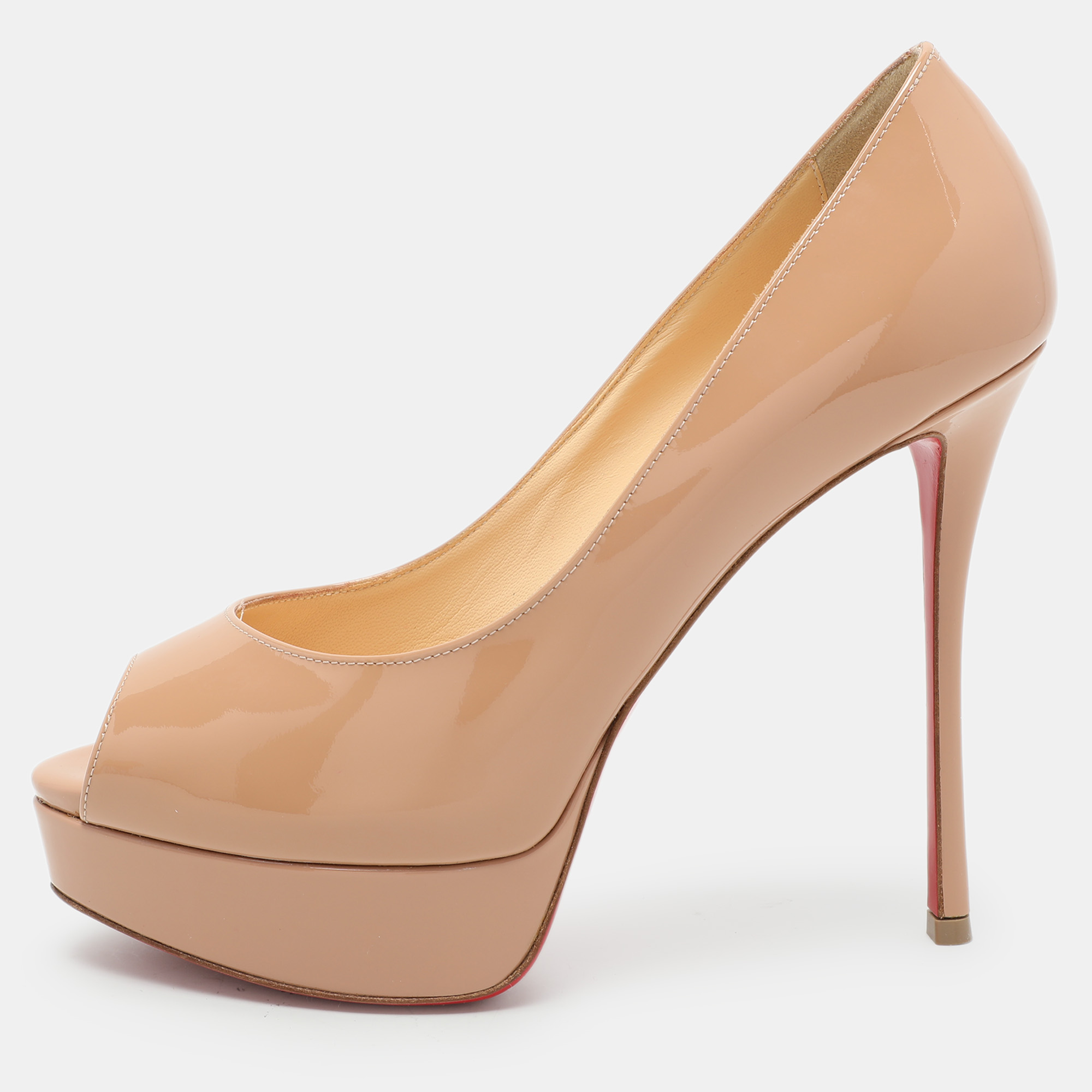 

Christian Louboutin Beige Patent Leather Lady Peep Peep Toe Pumps Size