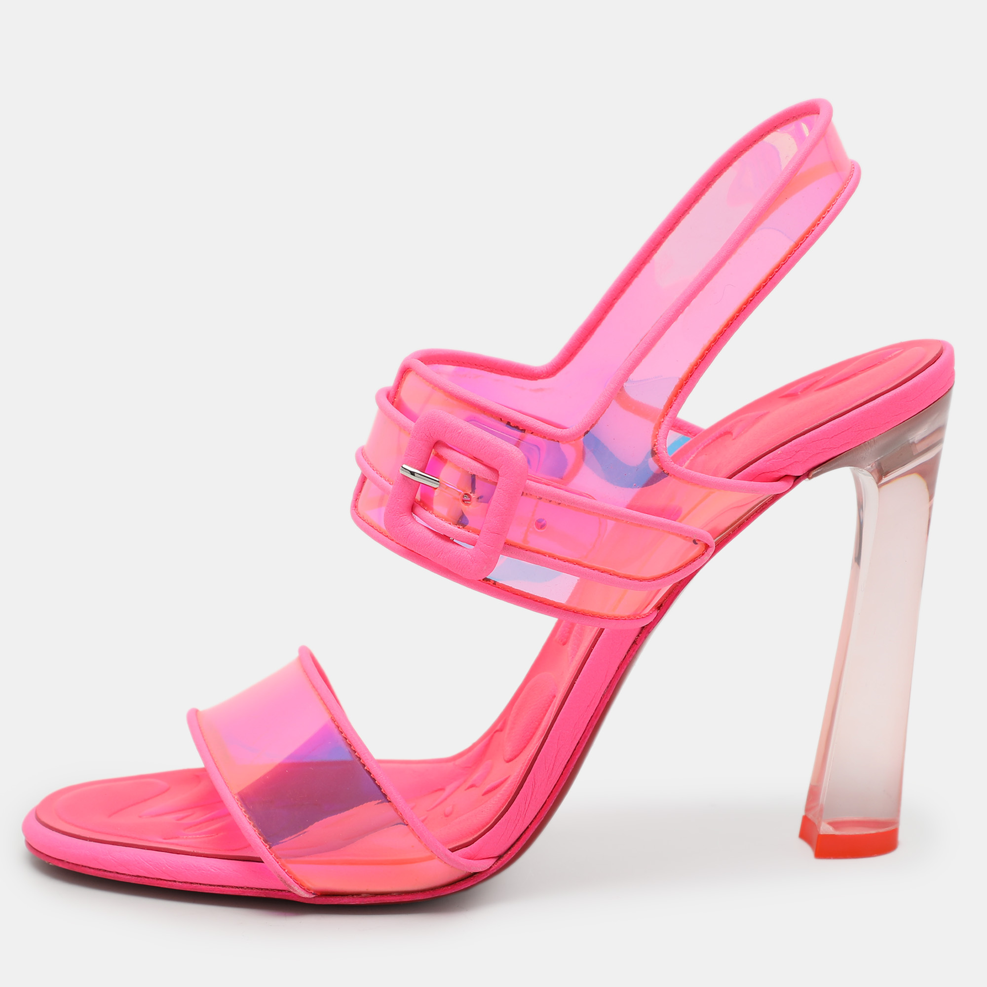 Pre-owned Christian Louboutin Pink/holographic Pvc And Leather Duniss Ankle Strap Sandals Size 38