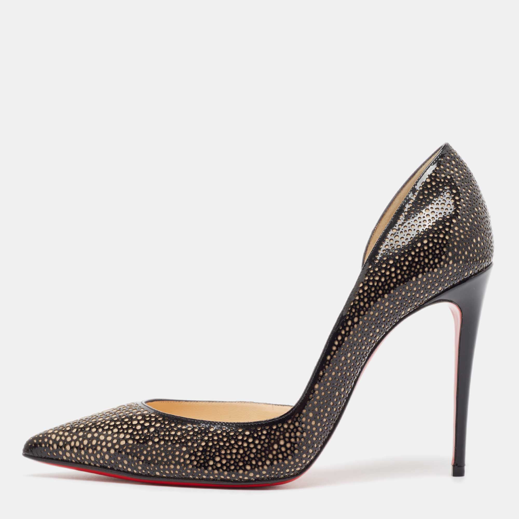 

Christian Louboutin Black/Beige Laser Cut Patent Leather Iriza Pumps Size