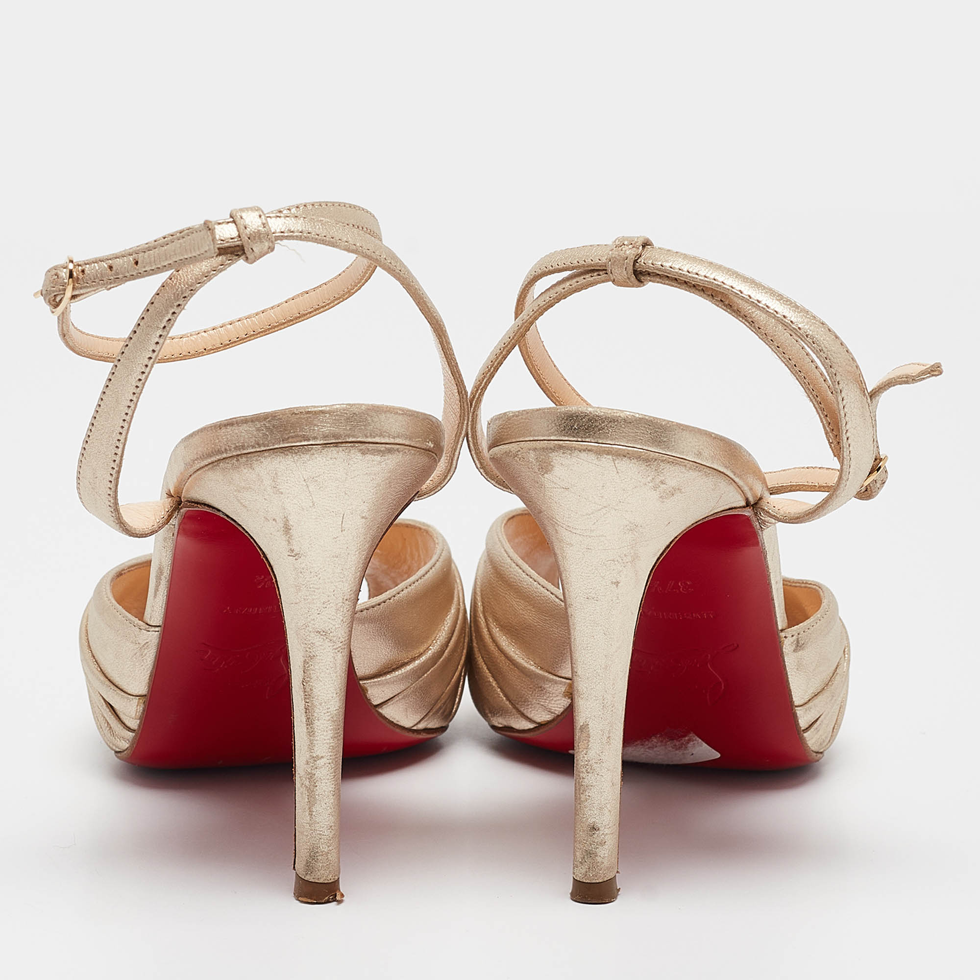 Christian Louboutin Gold Leather Greissimo Ankle Strap Sandals Size 37.5 