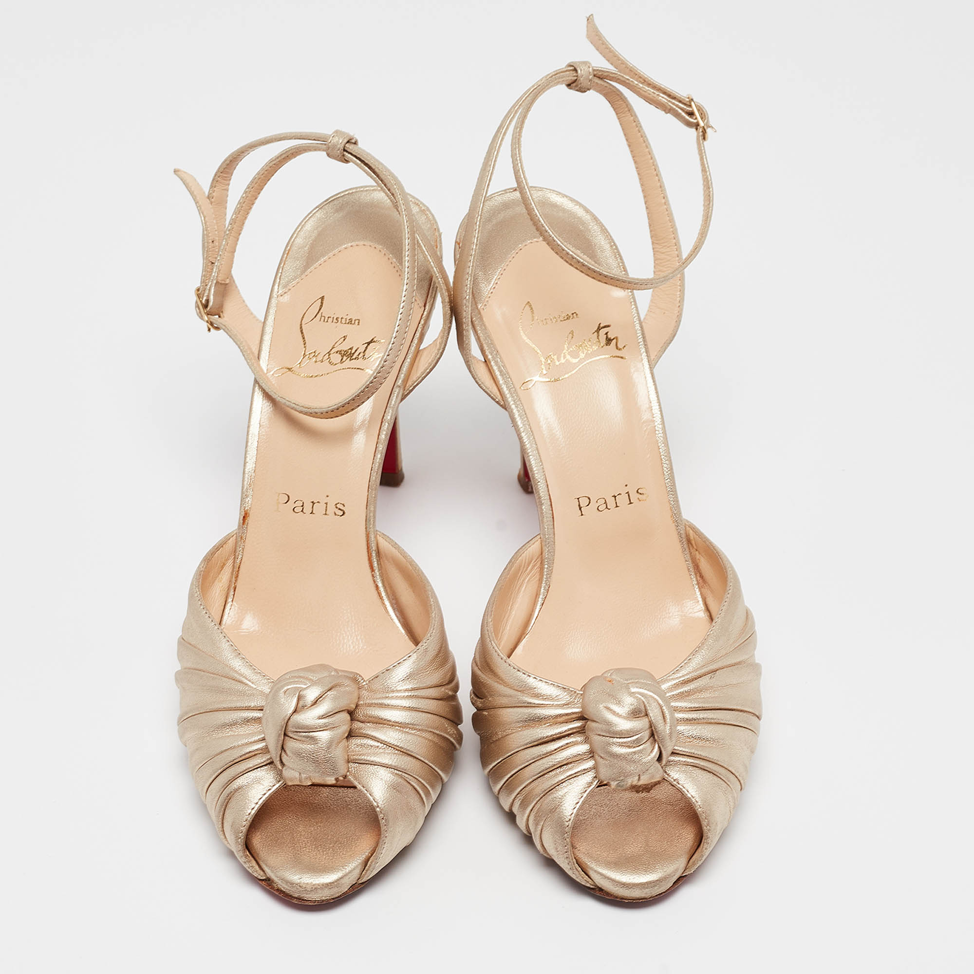 Christian Louboutin Gold Leather Greissimo Ankle Strap Sandals Size 37.5 