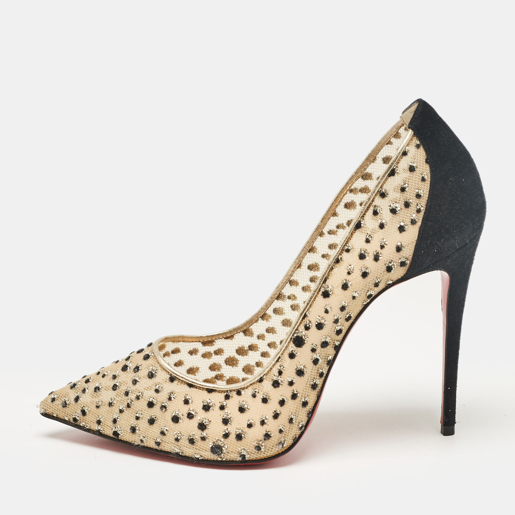 

Christian Louboutin Beige/Black Mesh and Suede Follies Lace Pumps Size