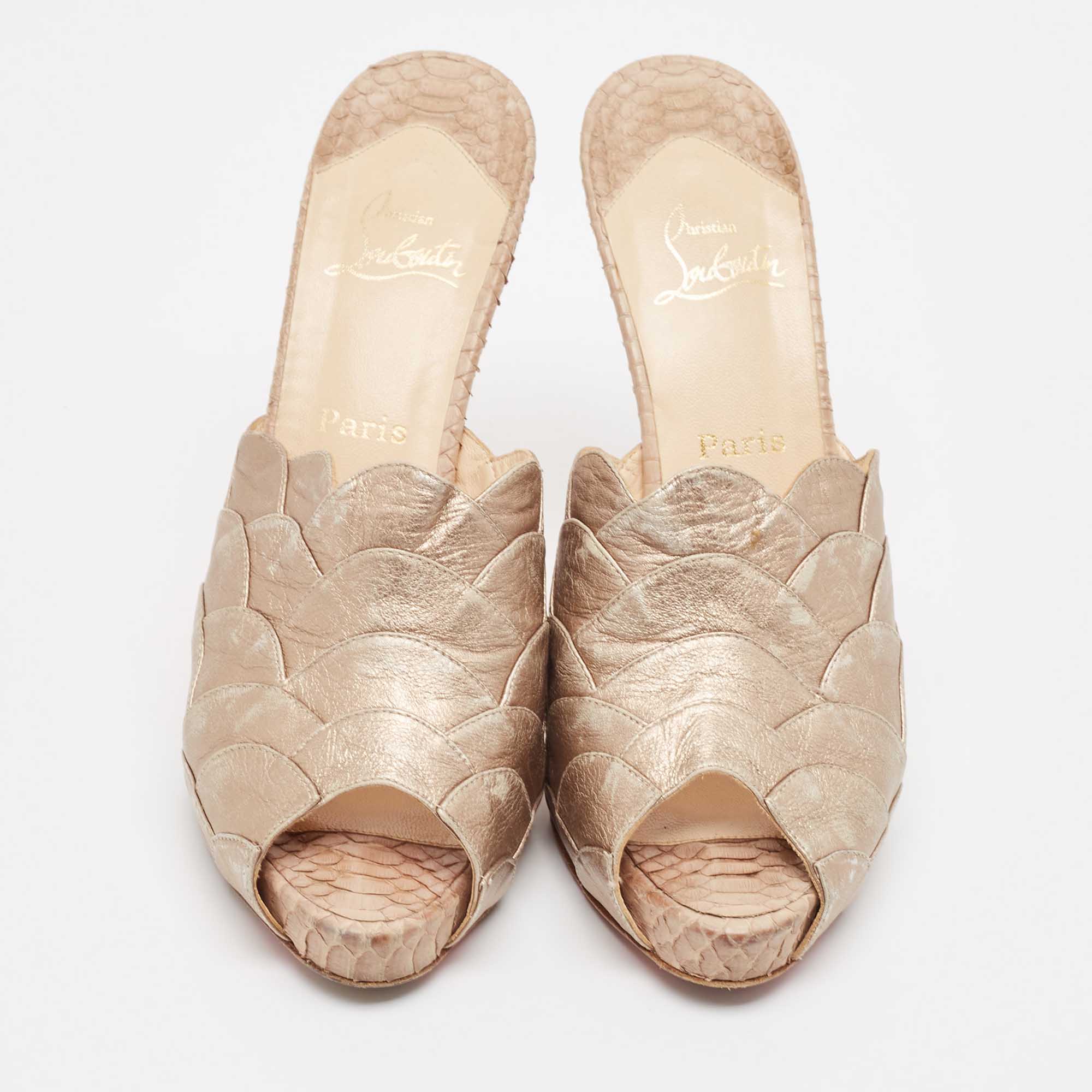 Christian Louboutin Beige Leather Snakeskin and Leather Ananas Slide Sandals Size 38.5 