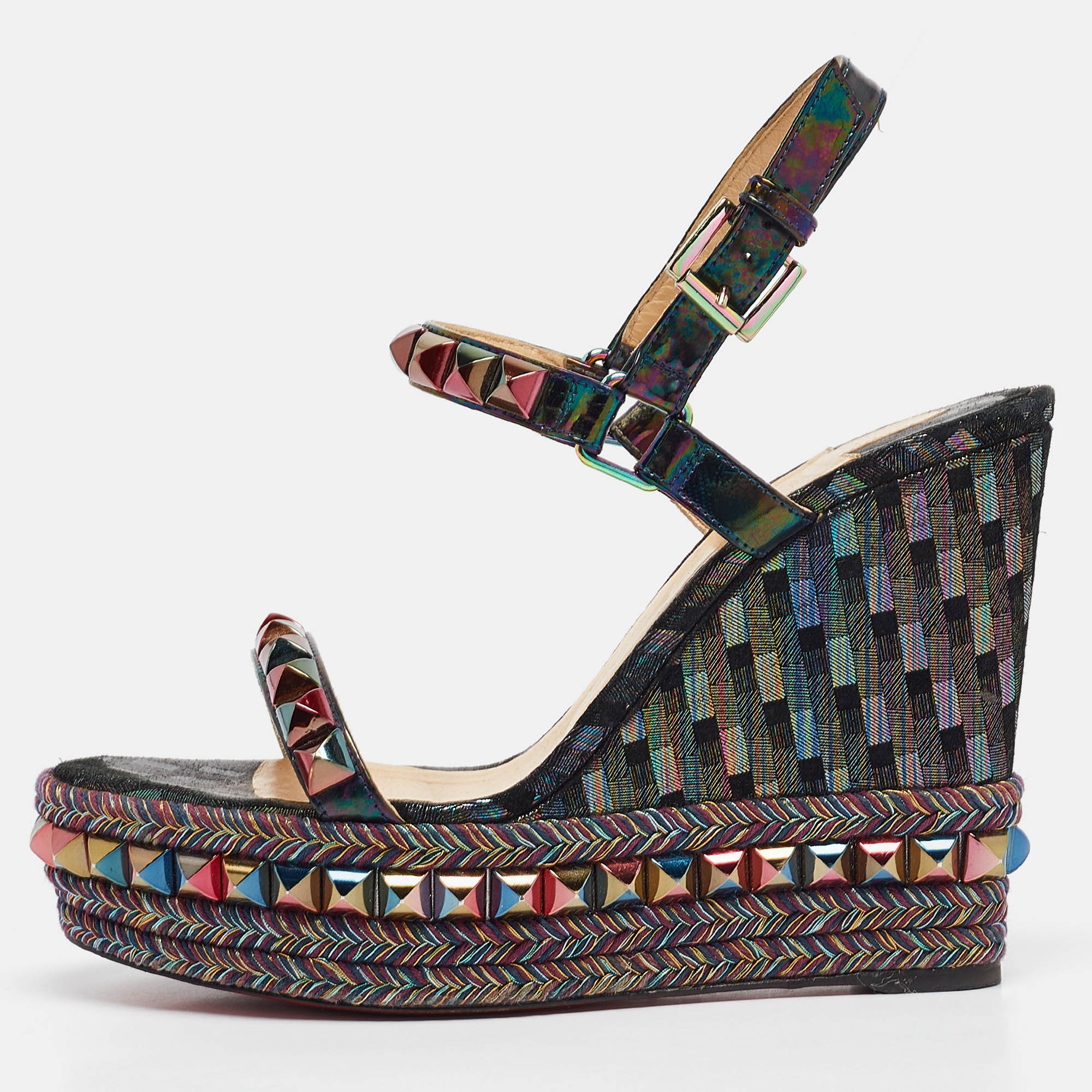 Pre-owned Christian Louboutin Multicolor Patent Leather Pyraclou Wedge Sandals Size 38