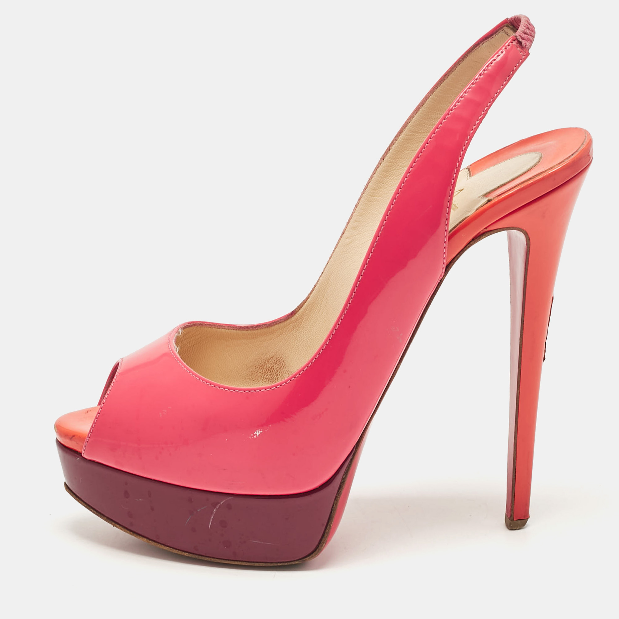 

Christian Louboutin Pink Patent Leather Lady Peep Slingback Pumps Size